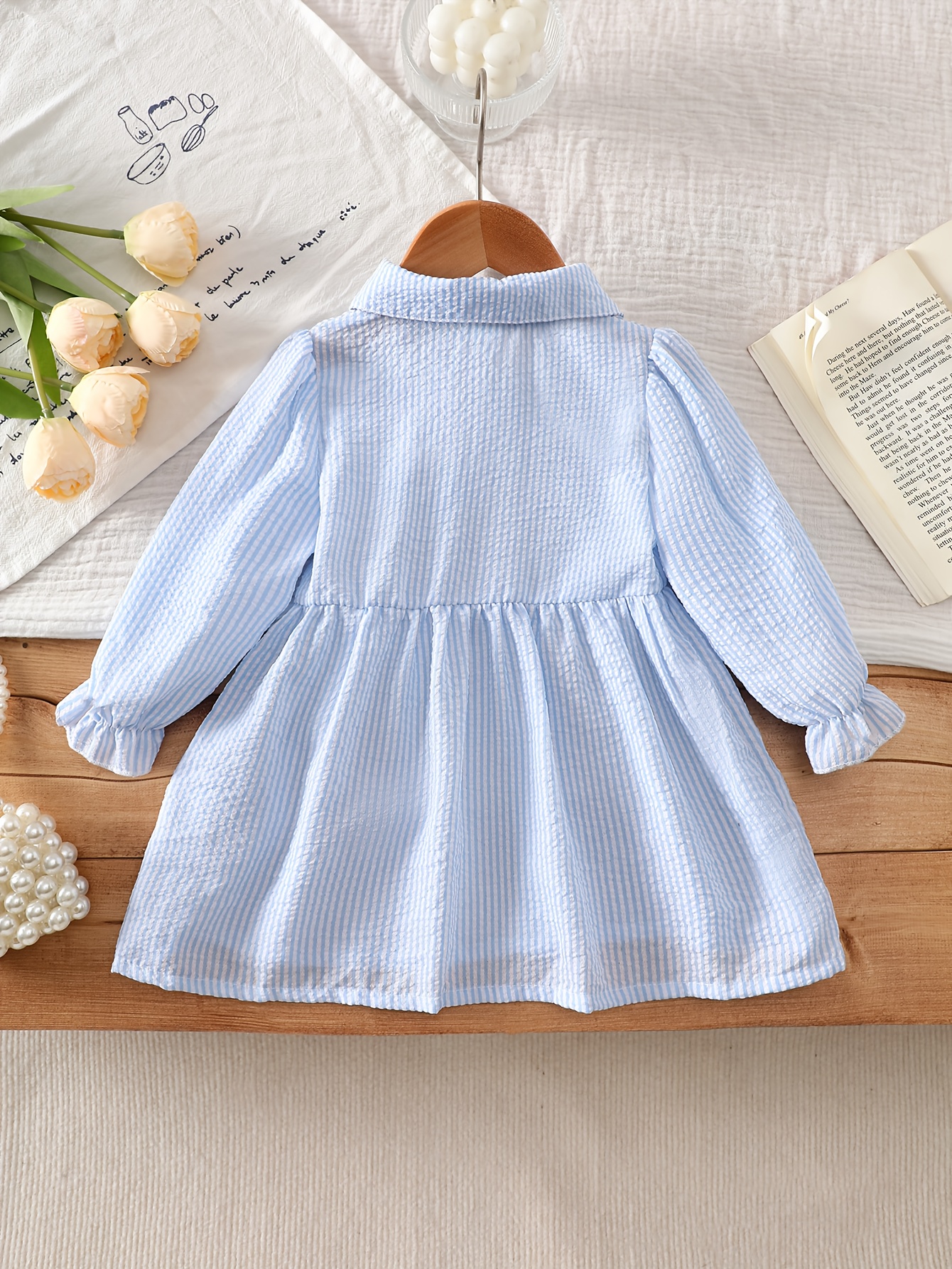 girls shirt dress light blue white striped dress three - Temu