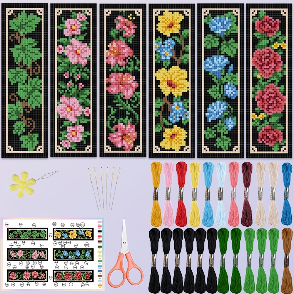 TEMU 6pcs Vintage Floral Cross- Bookmark Diy Craft Kit - Fabric Bookmark Set With Rose, , And Vine Patterns - Includes 6 Printed Cross- Fabrics,
