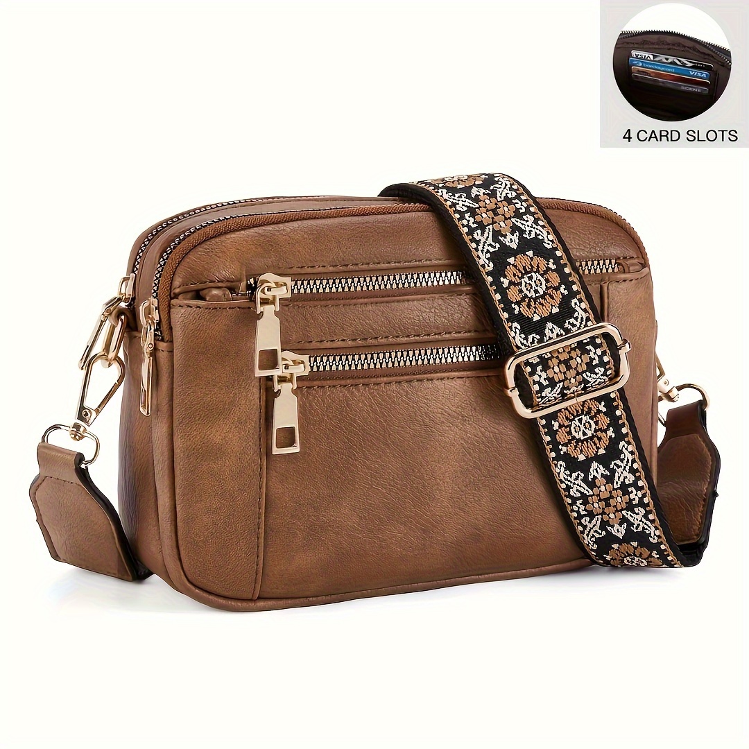 

Stylish Women's Mini Crossbody Bag With Bohemian Adjustable & Removable Strap, Lightweight Synthetic Synthetic Leather, Brown With Golden-tone Zippers - Casual & Dressy , Small Crossbody Bag