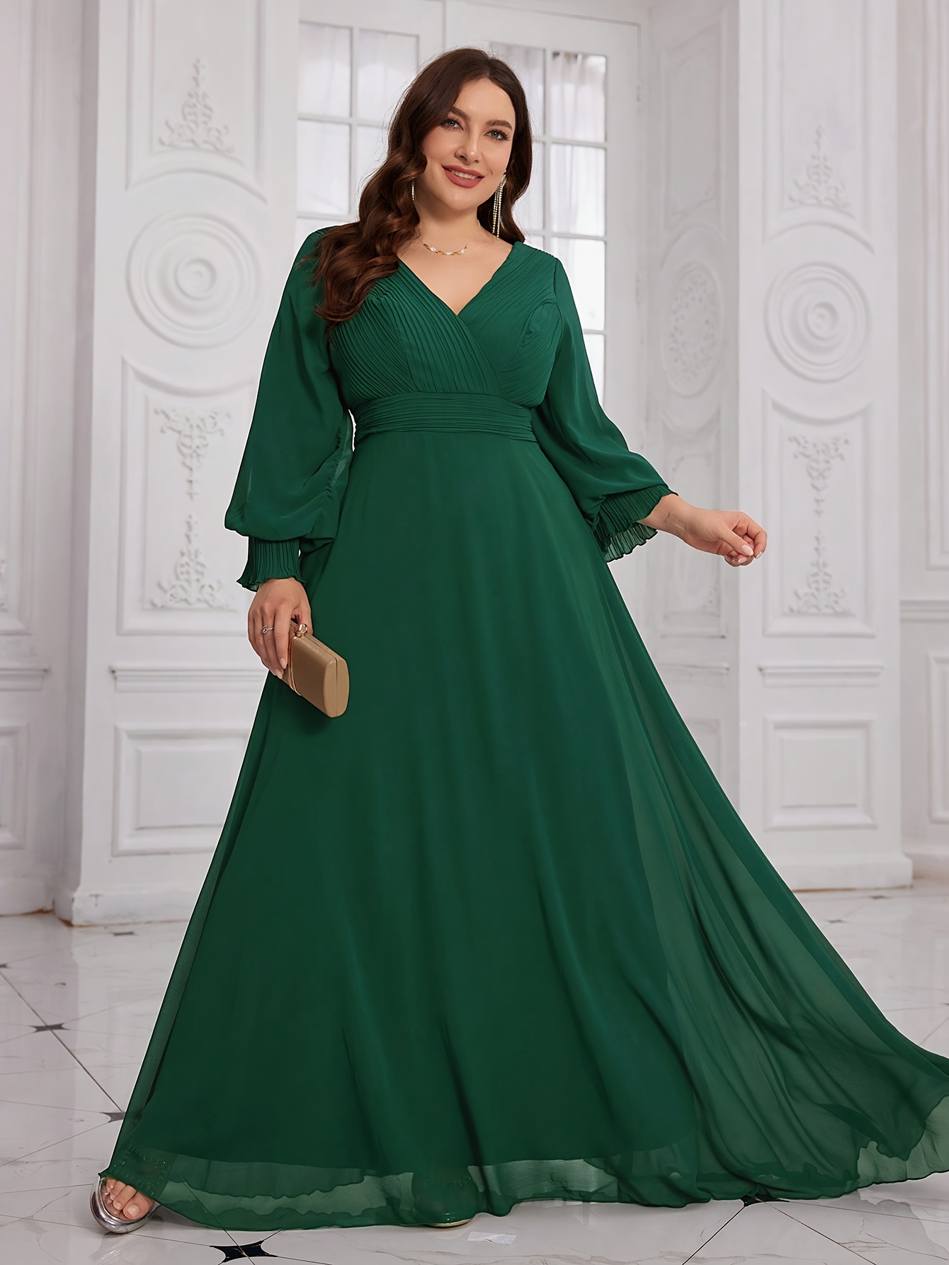 plus size deep v neck long sleeve chiffon evening dress