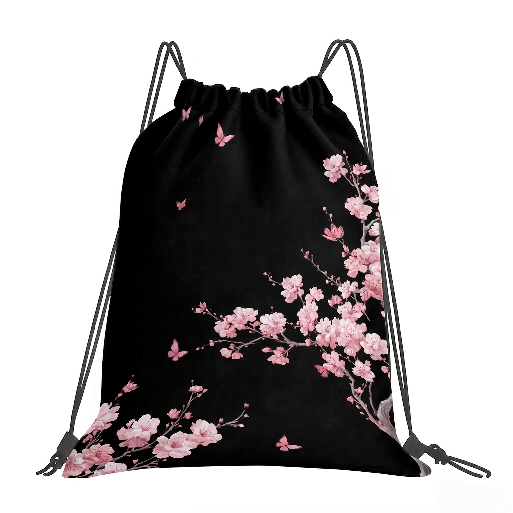 TEMU Drawstring Pouch, Portable, 2d Flat Print, Spring Cherry Fluttering Print, Spacious And Durable, With Adjustable Shoulder Strap, Sports Beach