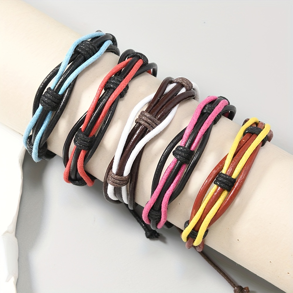 Boho Handwoven Leather Bracelet Adjustable Unisex Colorful Casual Wear Accessory