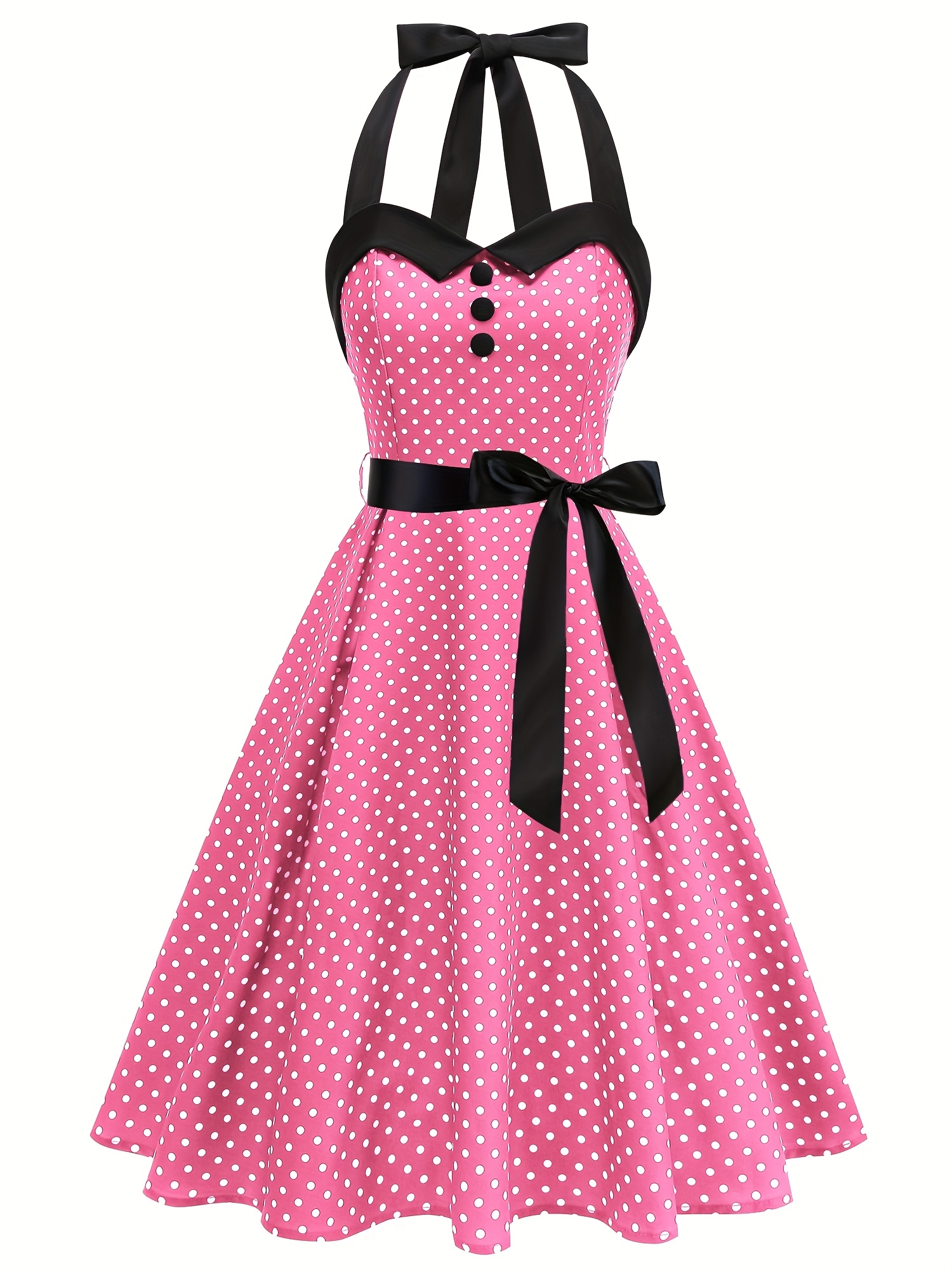 vintage inspired pink polka dot dress black bow detail Temu - Main Image