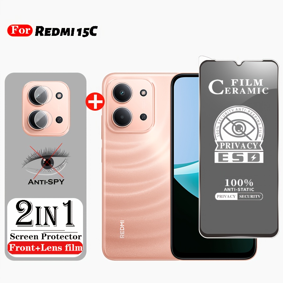 E-shop 2-in-1 Anti-Spionage Schutzfolie mit Panzerglas für Redmi 15C HD, Privatsphäre, Keramikfolie, Displayschutz und Objektivschutz