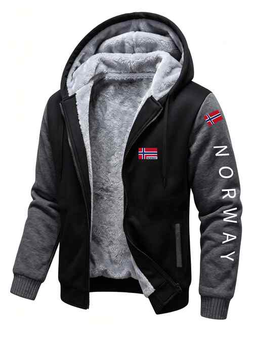 Artikelbild herren dicke sherpa-gefütterte kapuzenjacke mit durchgehendem reißverschluss, warme winter-fleecejacke mit norwegen-flaggen-grafik, freizeit-oberbekleidung