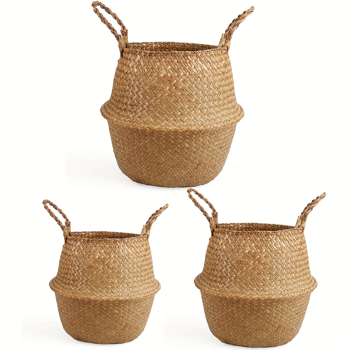 Image of 3 Vintage Woven Rattan Plant Baskets - Lightweight And Convenient Storage Baskets With Handles, Indoor Living Room Home Organizer Baskets, Decorative Pots For , Storage Shelves, Rustic Decor
