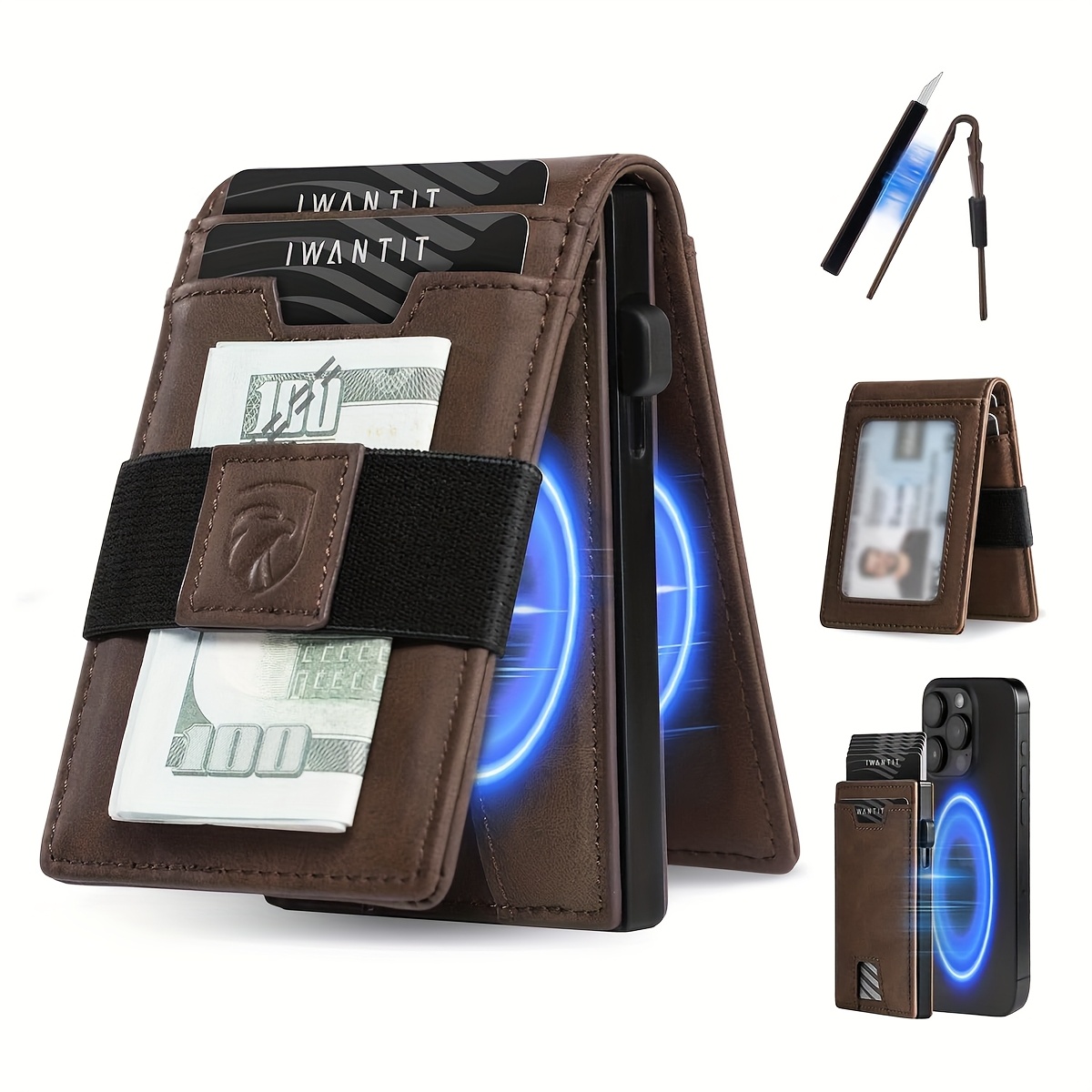 TEMU Men's Minimalist Wallet With Credit Card Holder, Premium Full Grain Leather, -, Slim Trifold Wallet, Rfid Protection, Front Pocket, Id Window, Father's (no Airtag Included)