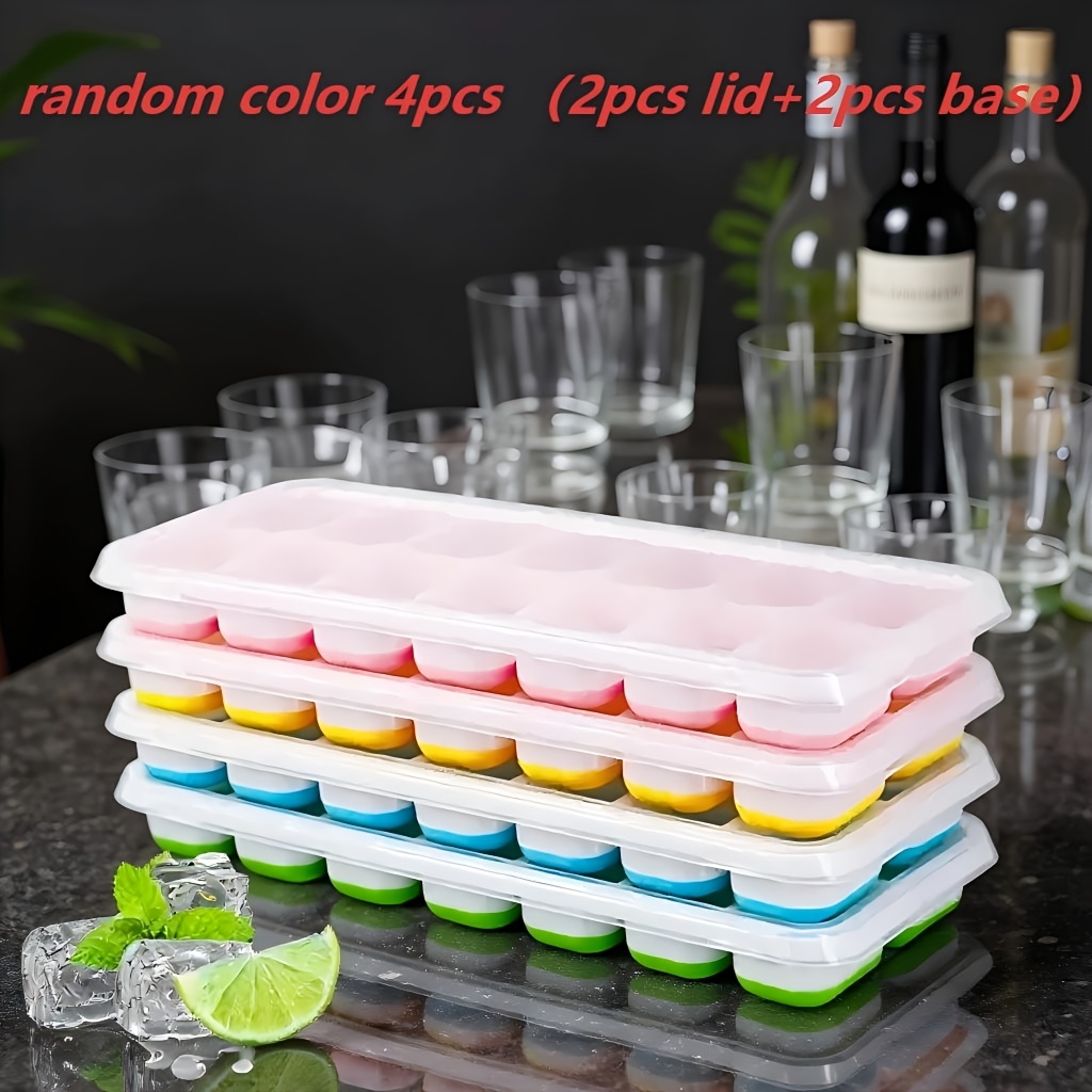 Image of 4pcs Random Color Stackable Ice Cube Tray Set With 2 Trays And 2 Lids, 14-cube Mold, Spill-proof, Suitable For Cocktails, Freezer Safe, Ideal For Home And Bar Use, Bar Essential | Colorful Design
