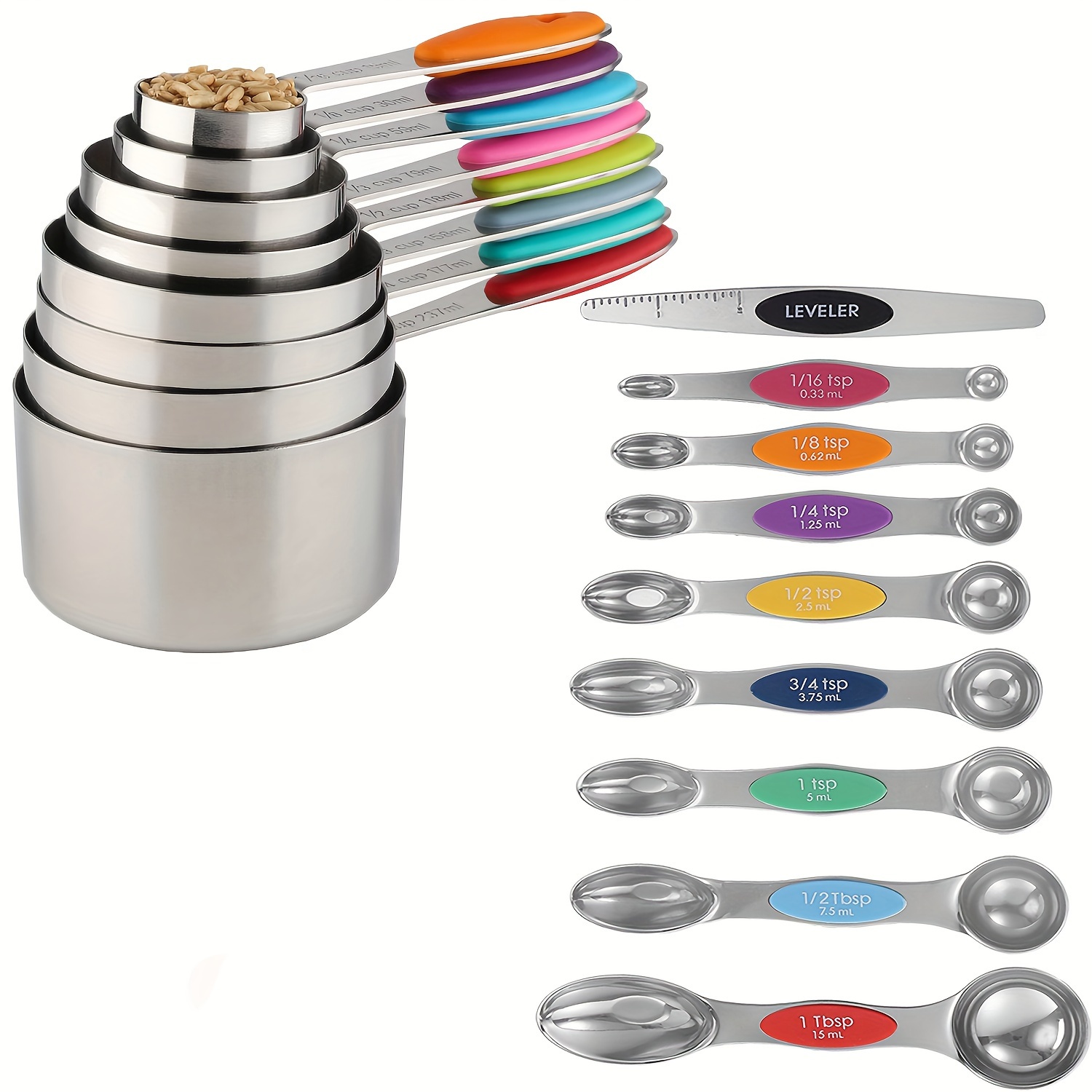 

8/9/17pcs Stainless Steel Measuring Spoons And Cups Set With Dual Magnetic Ends - Kitchen Utensils For Baking And Cooking - Includes And 8 Cups