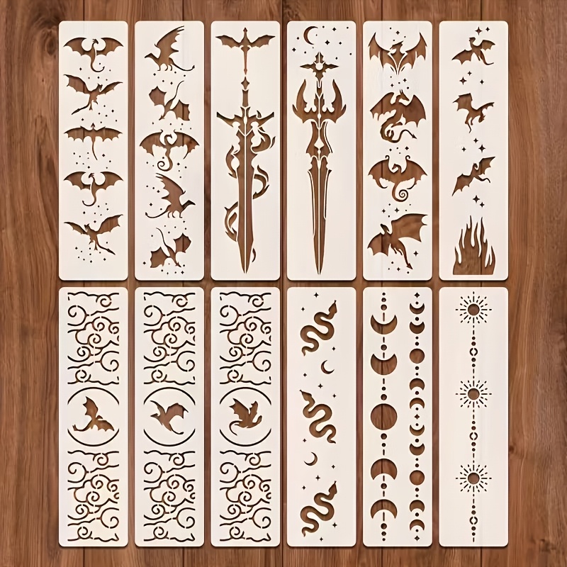 E-shop 12 Stück Mittelalter Fantasy Malvorlagen - Große 1.57X5.9 Zoll Wiederverwendbare Kunstvorlagen mit Drachen, Schwertern, Fledermäusen, Mond,