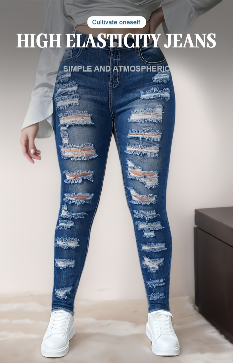 plus size womens fit ripped jeans front back distressed Temu