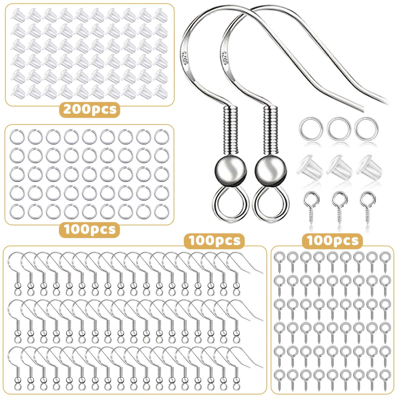 TEMU Kit de fabrication de boucles d'oreilles hypoallergénique, avec 100 pièces/50 paires de tiges à crochet en argent plaqué 925, 100 petites vis à