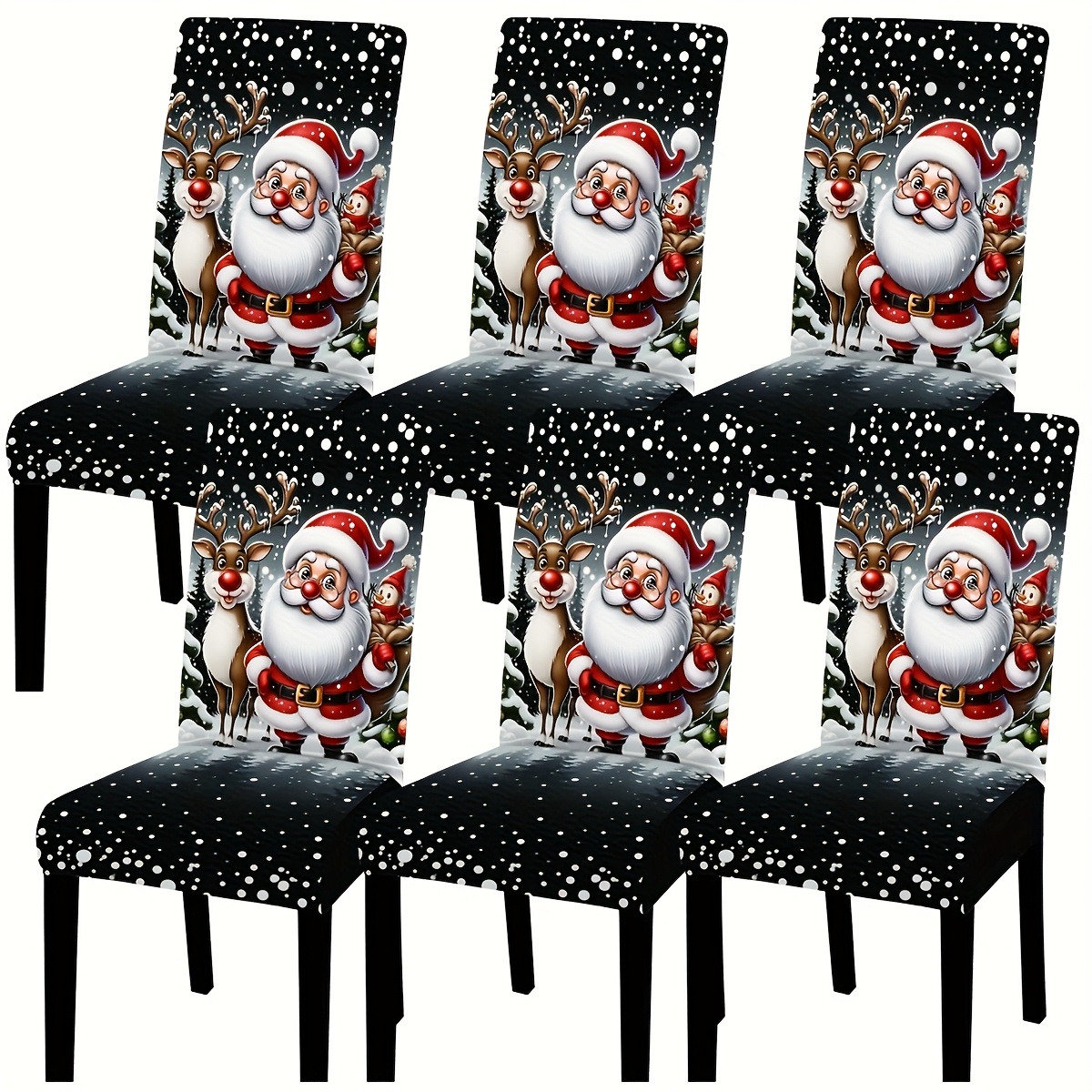 TEMU Dokriy 4/6pcs, de fond de Noël noirs en polyester, Père Noël, , Housses de chaise imprimées numériquement avec positionnement, Ensemble de
