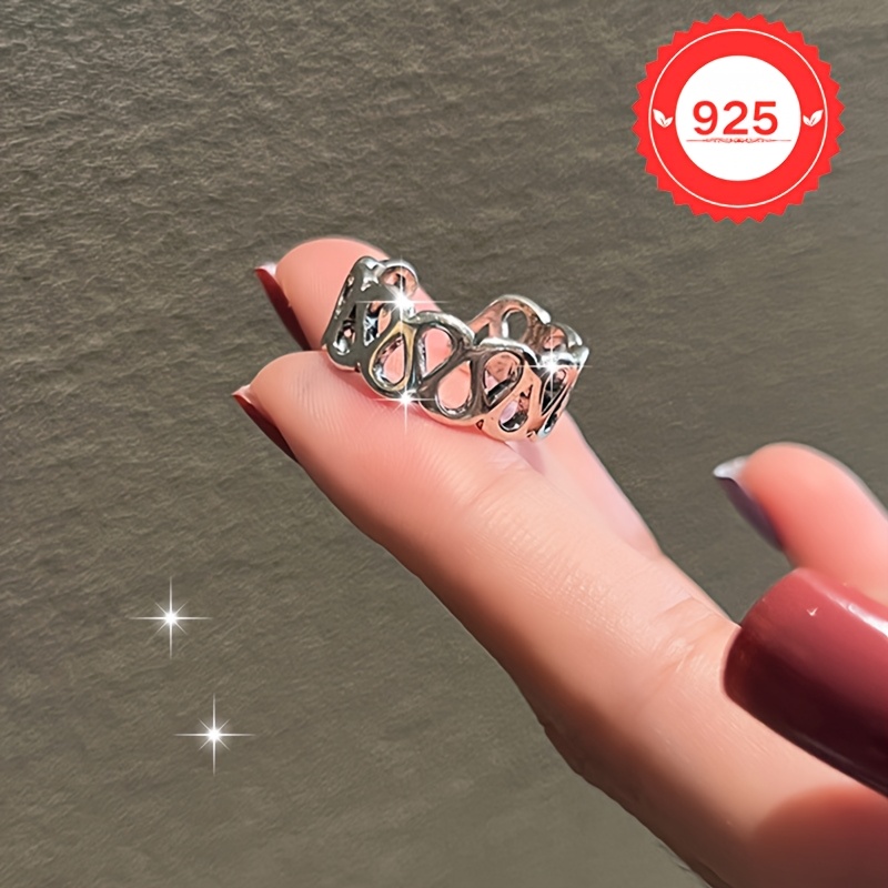 925 Silver Open Ring Wide Face Geometric Lattice Adjustable Fit