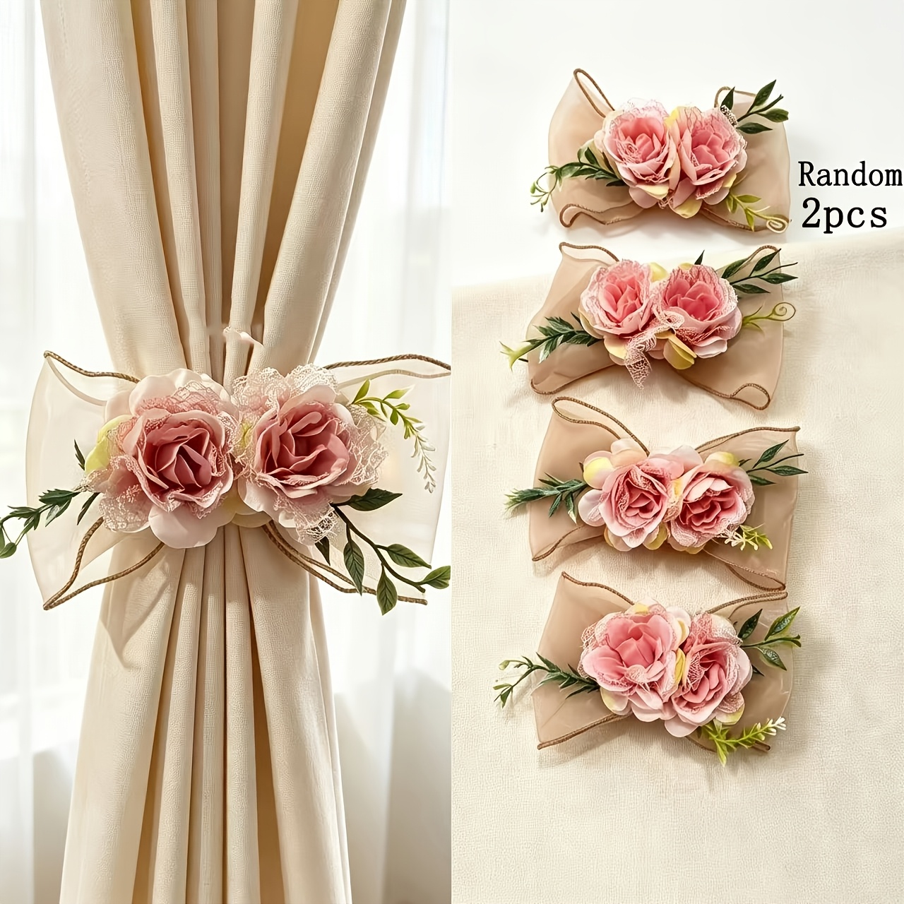 TEMU 2 pezzi Romantici Fiocchi in Organza di Pizzo per Tende, Fermatende Doppie con Rosa Artificiale, Disponibili 2 Stili Casuali, Cinghie Decorative