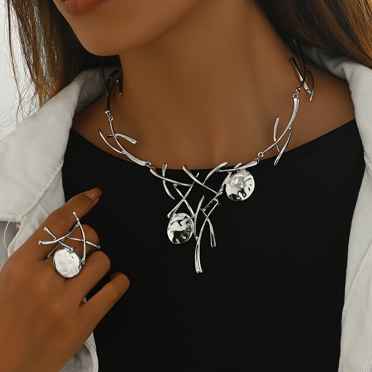 

1 Set Of Fashionable And Simple Personality Irregular Tree Branch Splicing Oval Piece Cold Wind Necklace And Ring, Women' Accessories Can Be Worn On Holidays