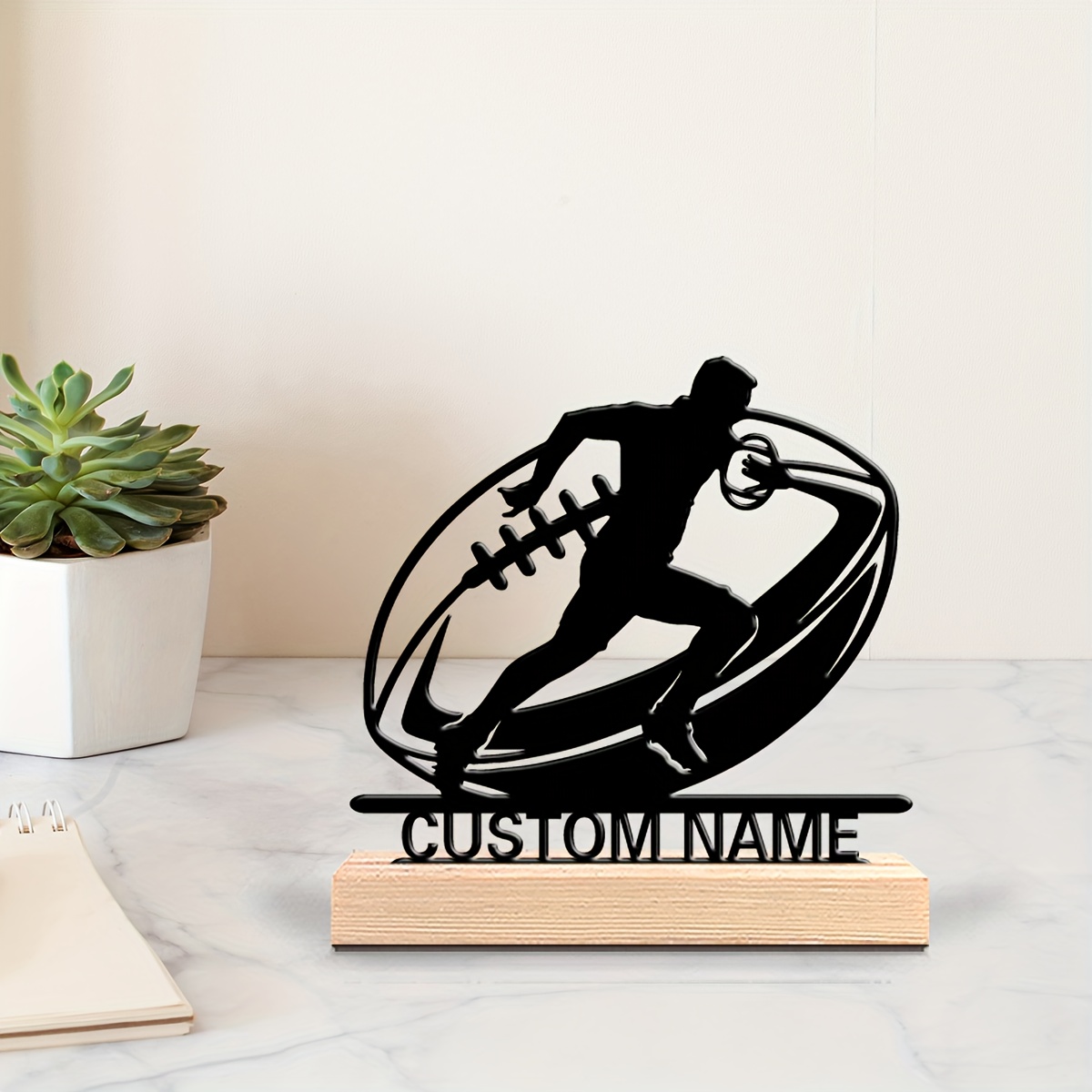 TEMU metallica personalizzata di rugby elegante con base in legno, perfetta per decorazioni da tavolo. Regalo per appassionati di rugby, camere da