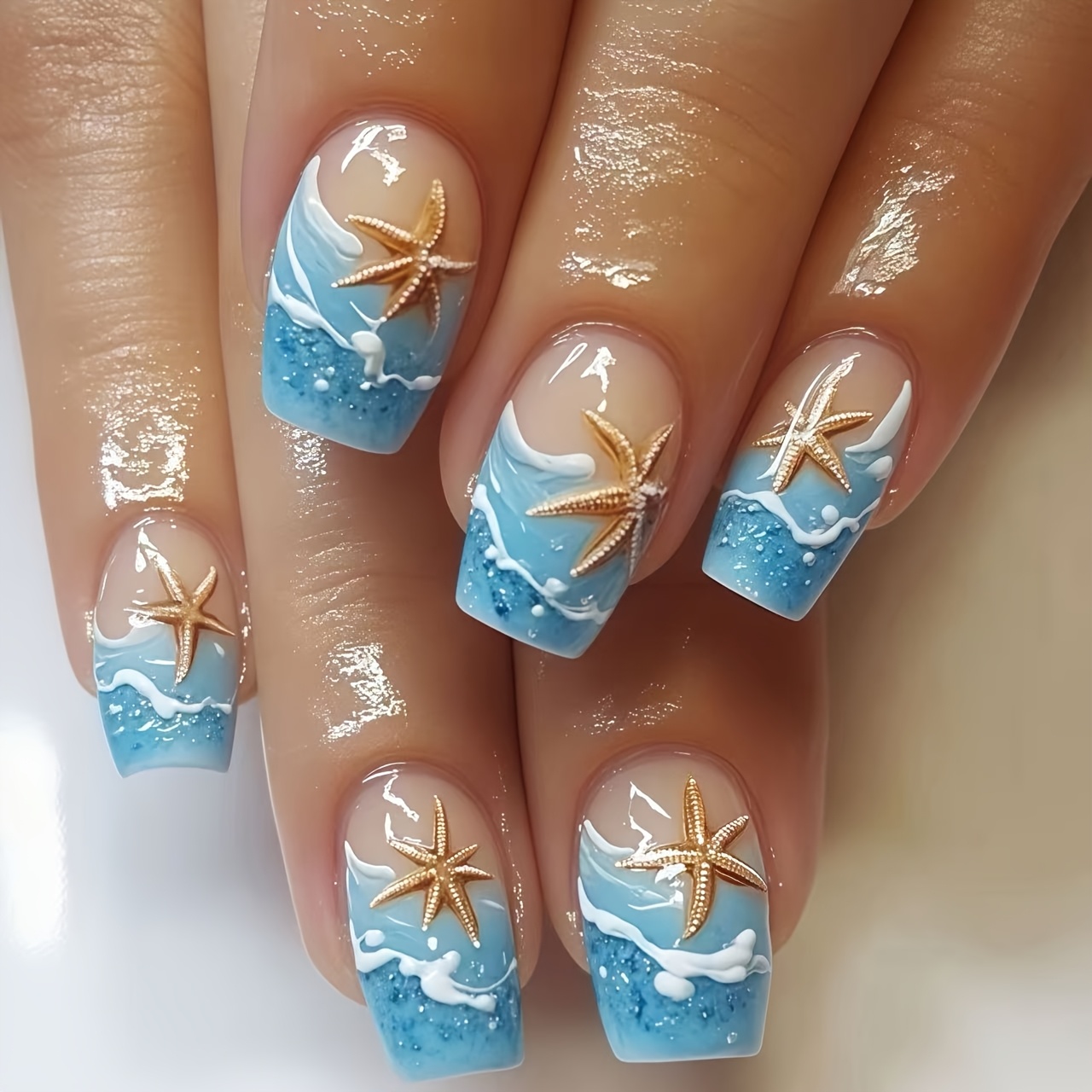24pcs Sheer Nude Pink Foundation Textured Starfish Ocean And White Gradient Nautical -on Nails, Detachable Fake Nails