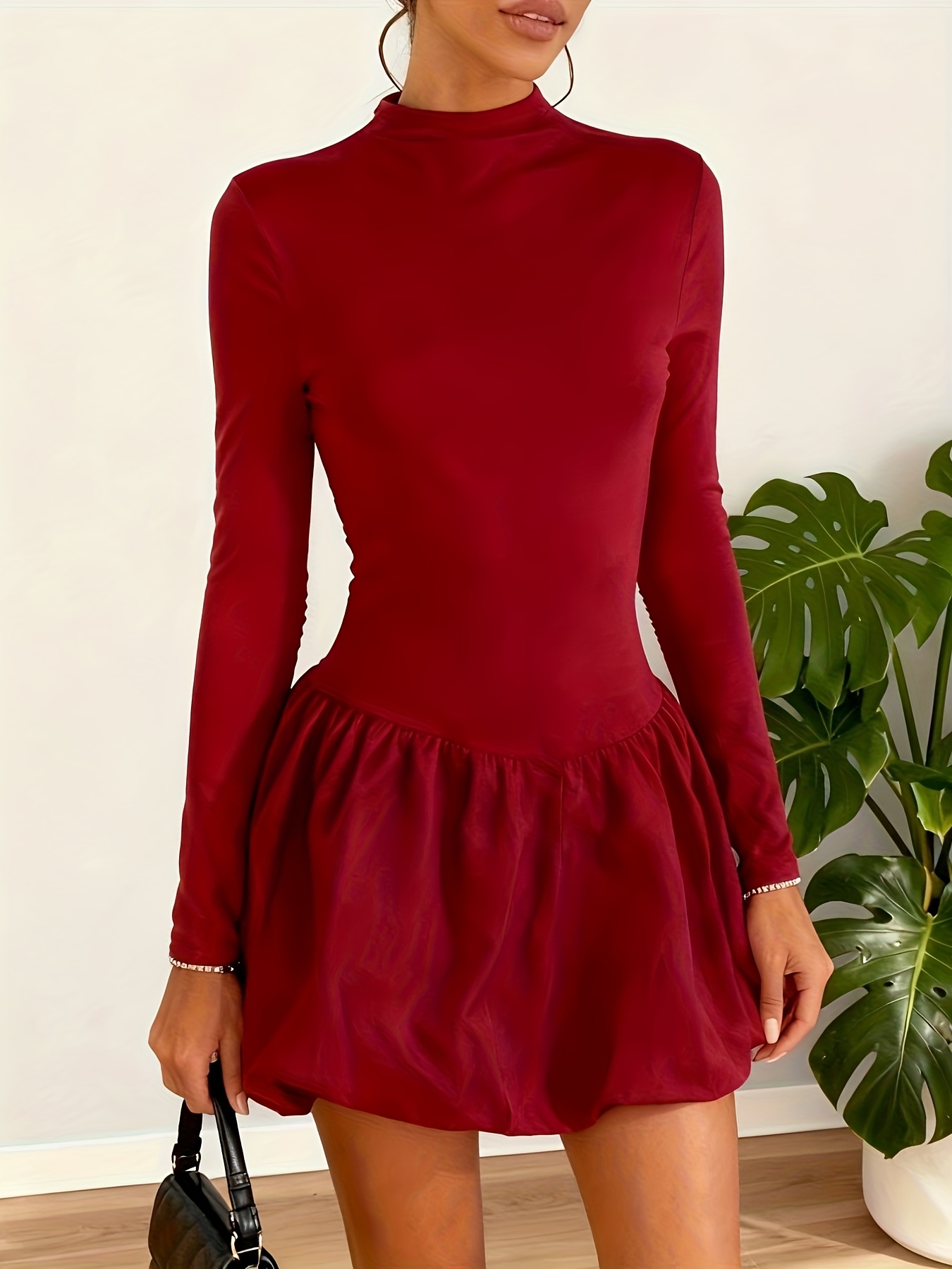 womens red ruffle mini dress stand collar long sleeve fabric - Temu  Mauritius