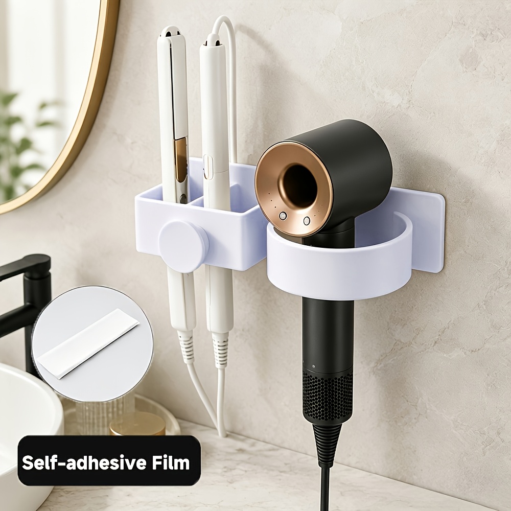 TEMU Wall Mounted Hair Dryer Holder, 3-in-1 Bathroom Organizer With Dryer Cradle And Multiple Styling Tool Compartments, Space Storage Rack For
