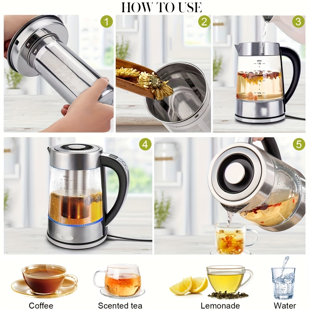 electric kettle 1 8l electric glass kettle 12 temperature controls up to 24 hours insulation tea kettle hot water pot stove stainless steel strainer and inner lid glass kettle for coffee tea and milk powder details 3