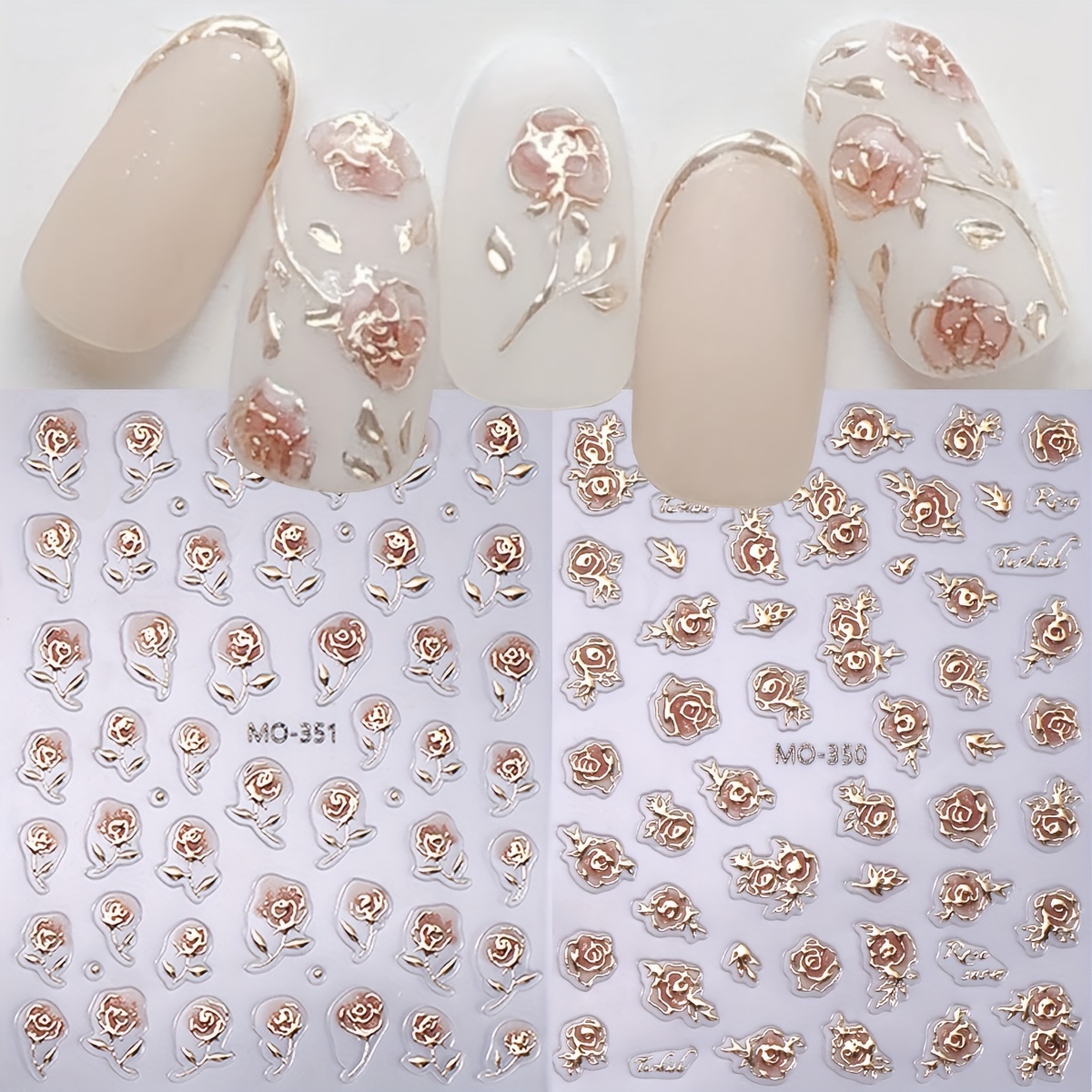 

Rose Golden 3d Nail Art Set - Floral Embroidered Self-adhesive Plastic Nail Embellishments With , Theme, Rectangle Shape, Single Use - 2 Sheets (mo-350 + 351)