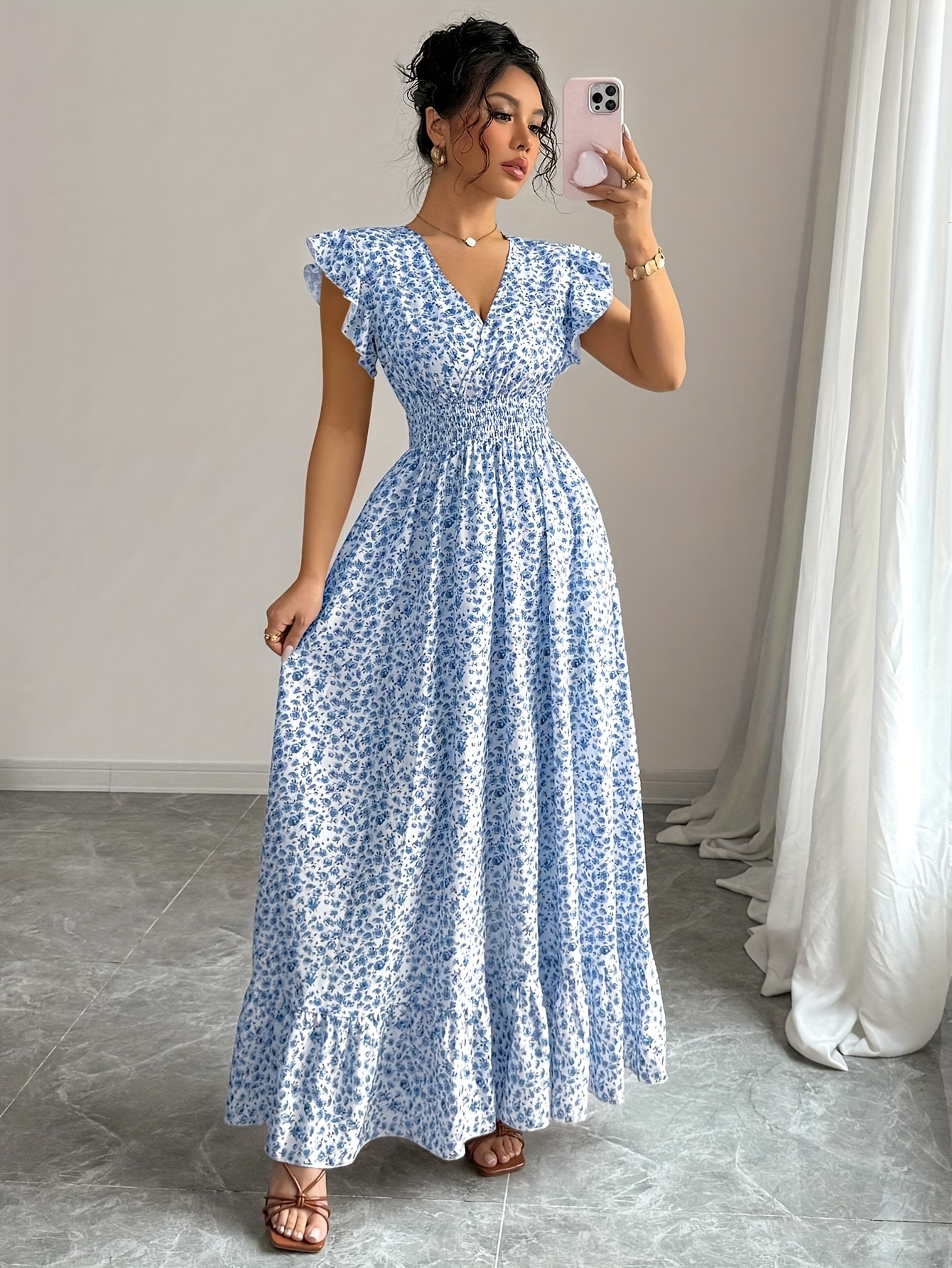 elegant chiffon fairy tale maxi dress with floral print - short sleeve,  v-neck, ruffle detail, a-line silhouette for women, spring & fall, floral  print dres | Shop Now For Limited-time Deals |