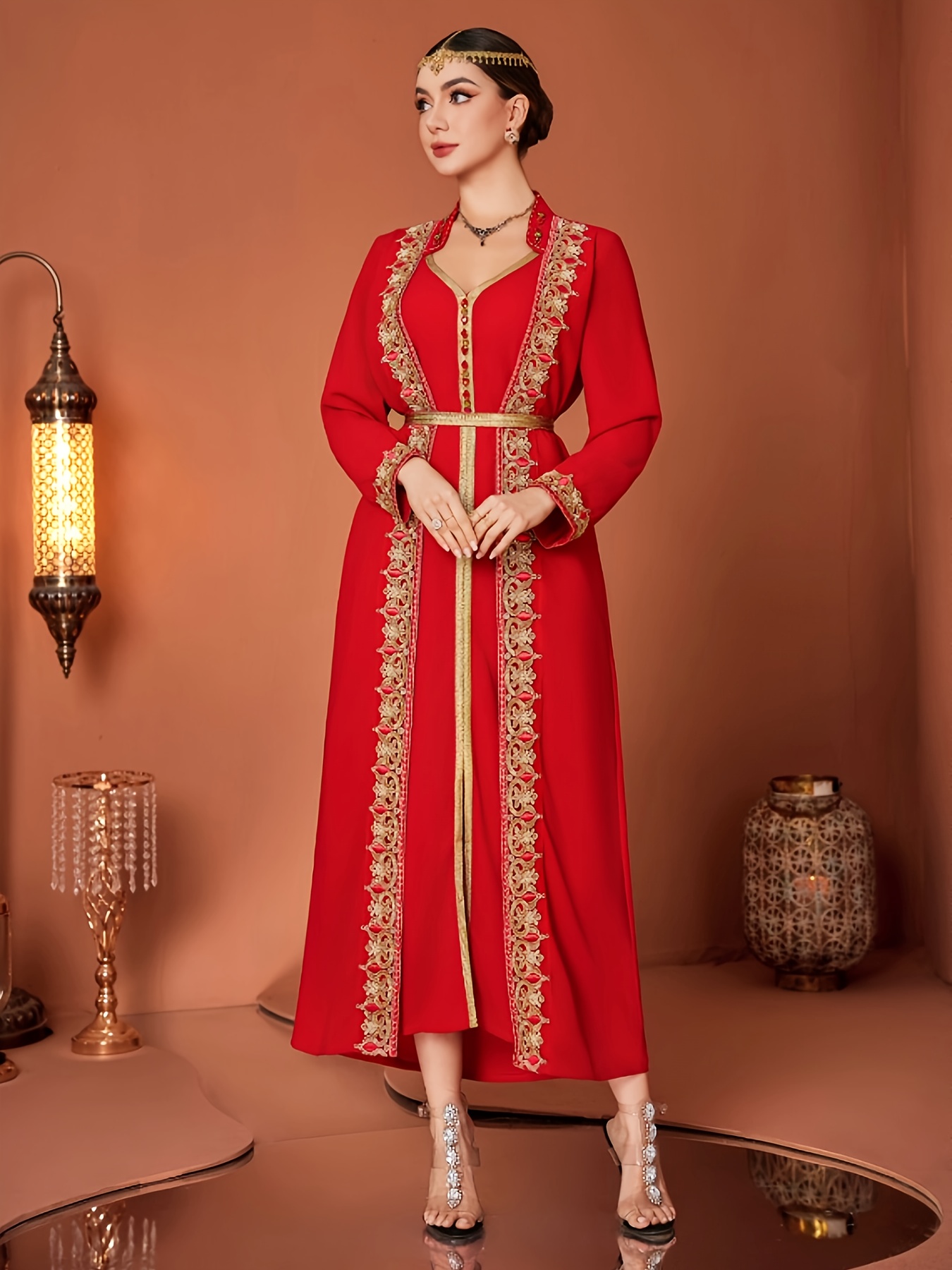 red and gold casual dress Hijaz Royal Red and Gold Women's Modern Abaya Dress #WAD002 main image 1