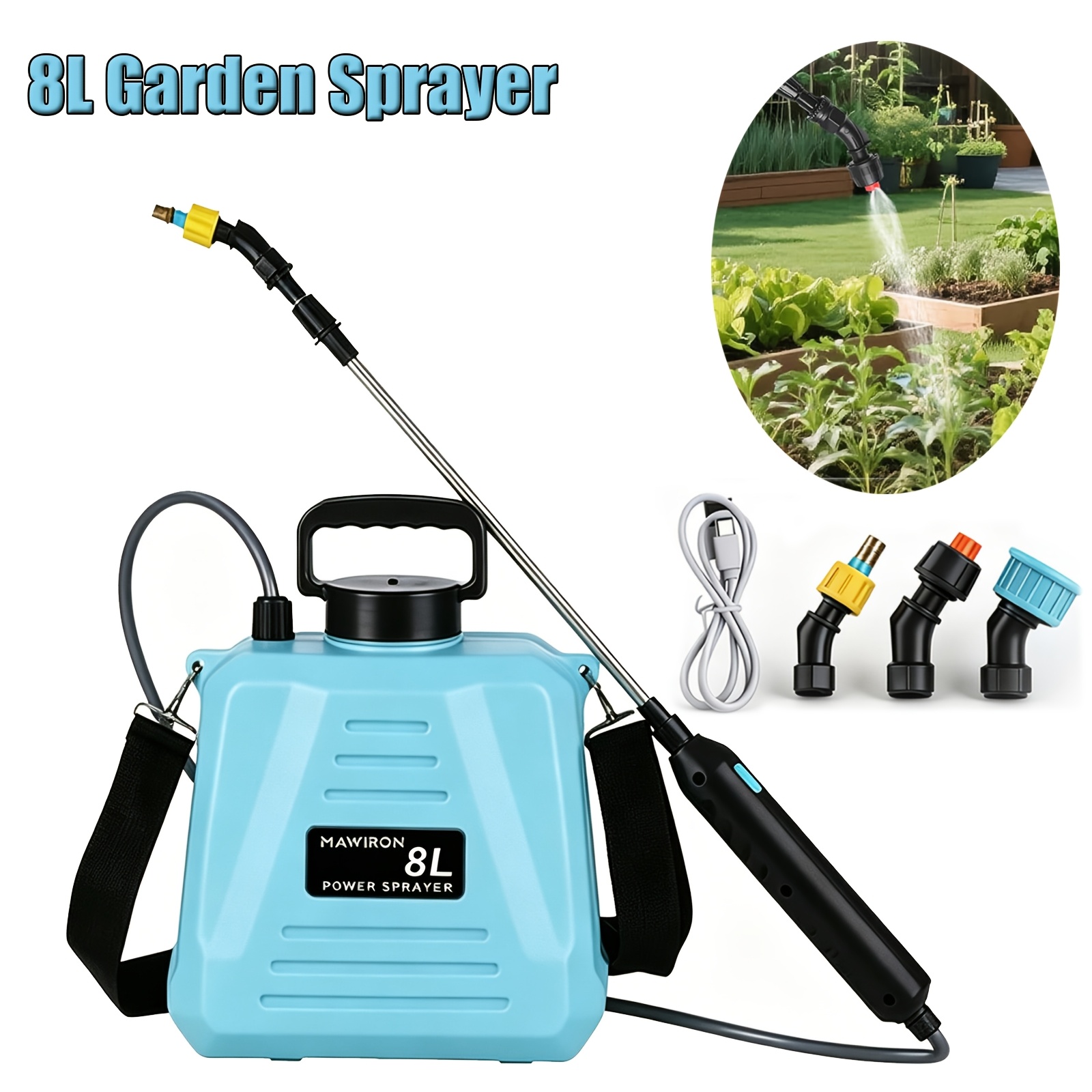 TEMU Battery Powered Garden Sprayer 8l, Electric Weed Sprayer With 3 Adjustable , 1m Water Pipe, Usb Rechargeable Handle & Adjustable Shoulder Strap