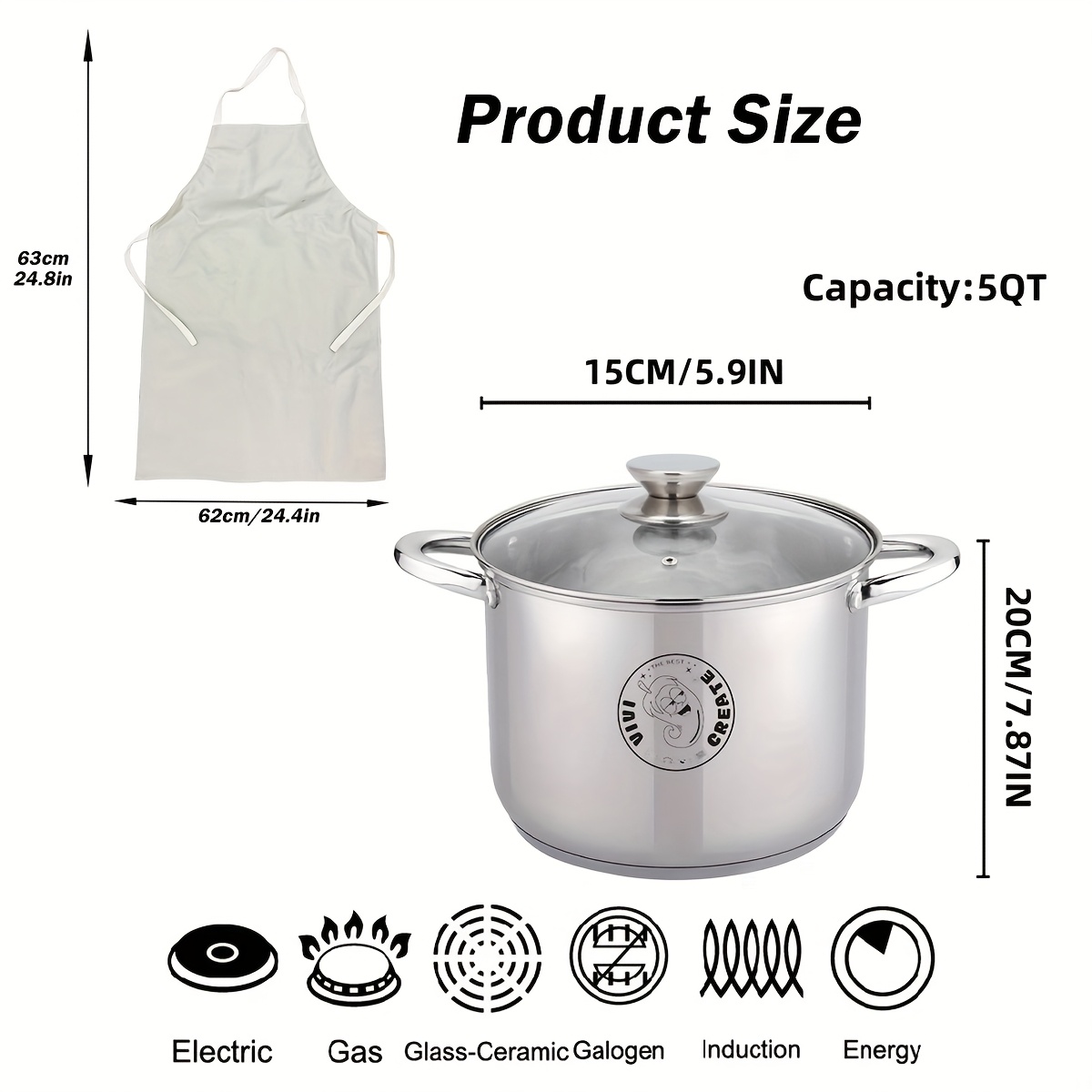 Vivicreate Stainless Steel Pot, Heavy Duty Bottom, Suitable For Electric Gas Induction Stove, With Glass Lid