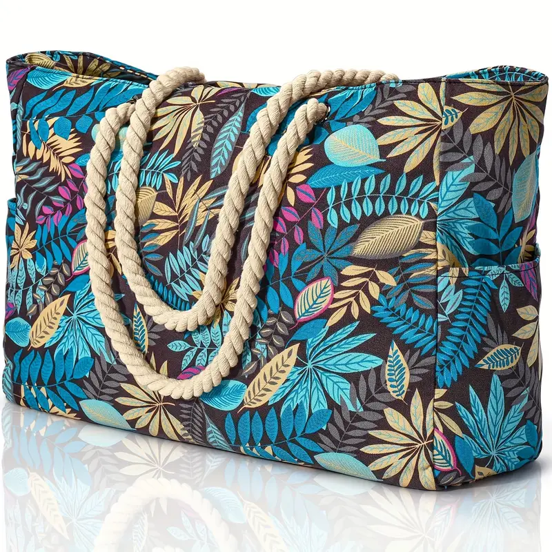 Borsa Spiaggia Donna Kasqo - Grande E Leggera Con Tante Tasche | Impermeabile E Antisabbia | Design Foglia Di Palma - Foto 6