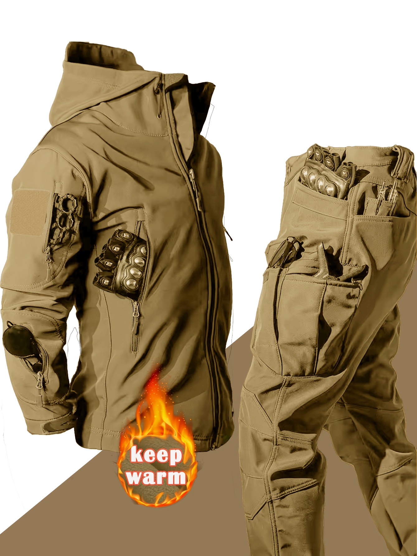Men's Warm Tactical 2pcs Set, Softshell Jacket & Cargo Pants