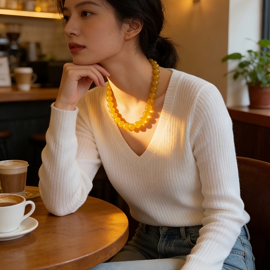 10mm Yellow Agate Necklace, Symbolizing Wealth