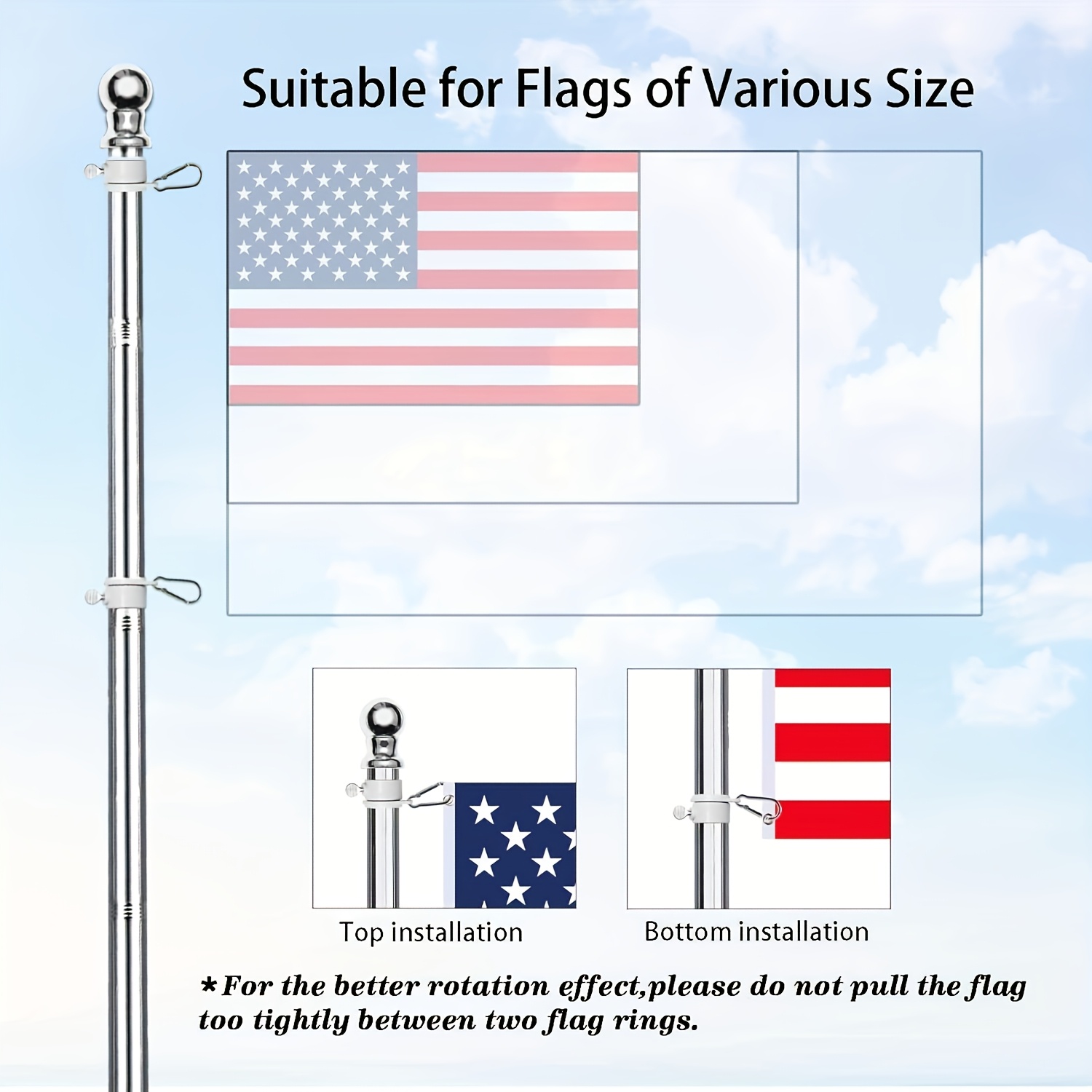 6ft stainless steel adjustable flagpole kit swivel ring pole