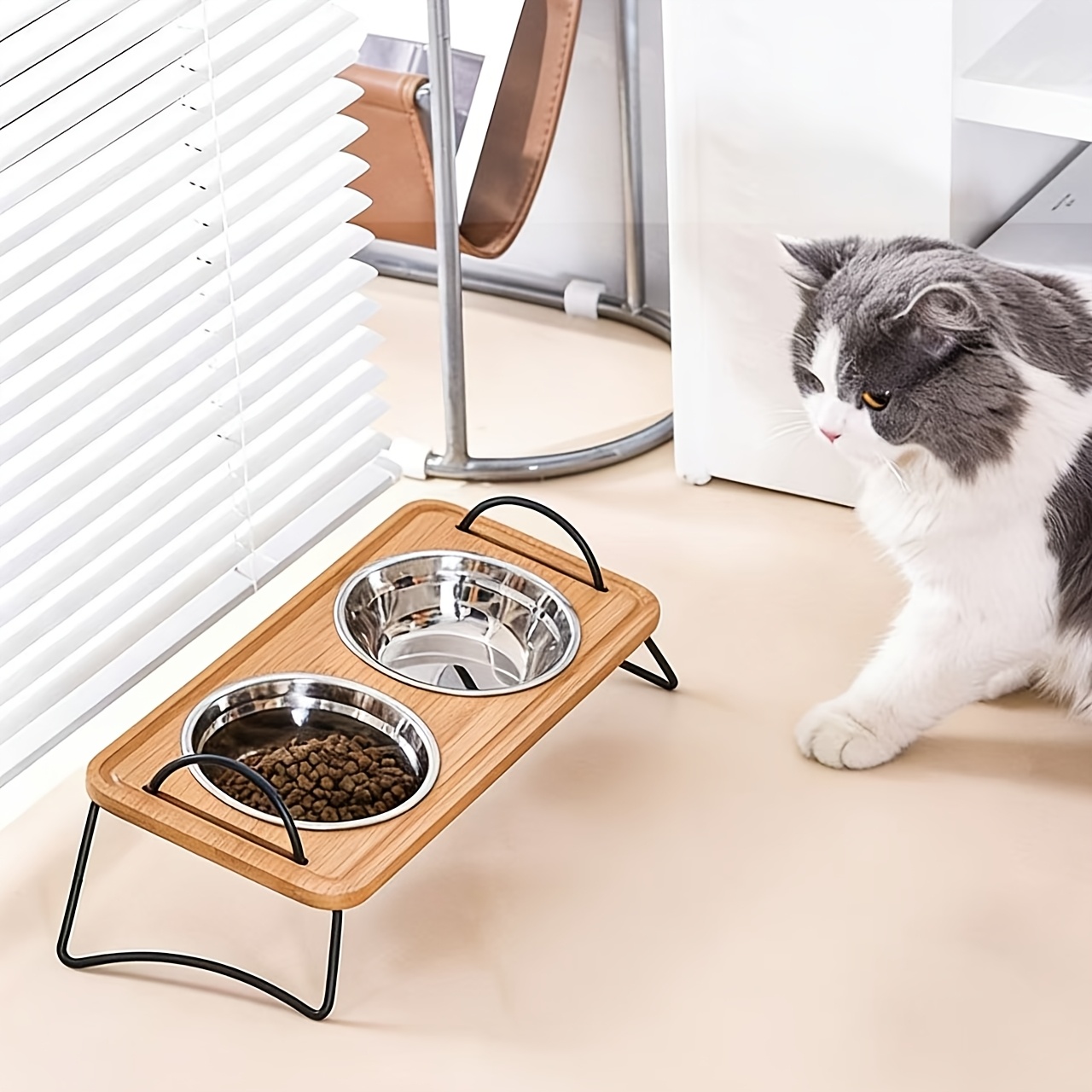 Image of Elevated Cat Bowl Feeder Tilted Elevated Feeding And Drinking Supplies Pet 2pcs Stainless Steel Bowls
