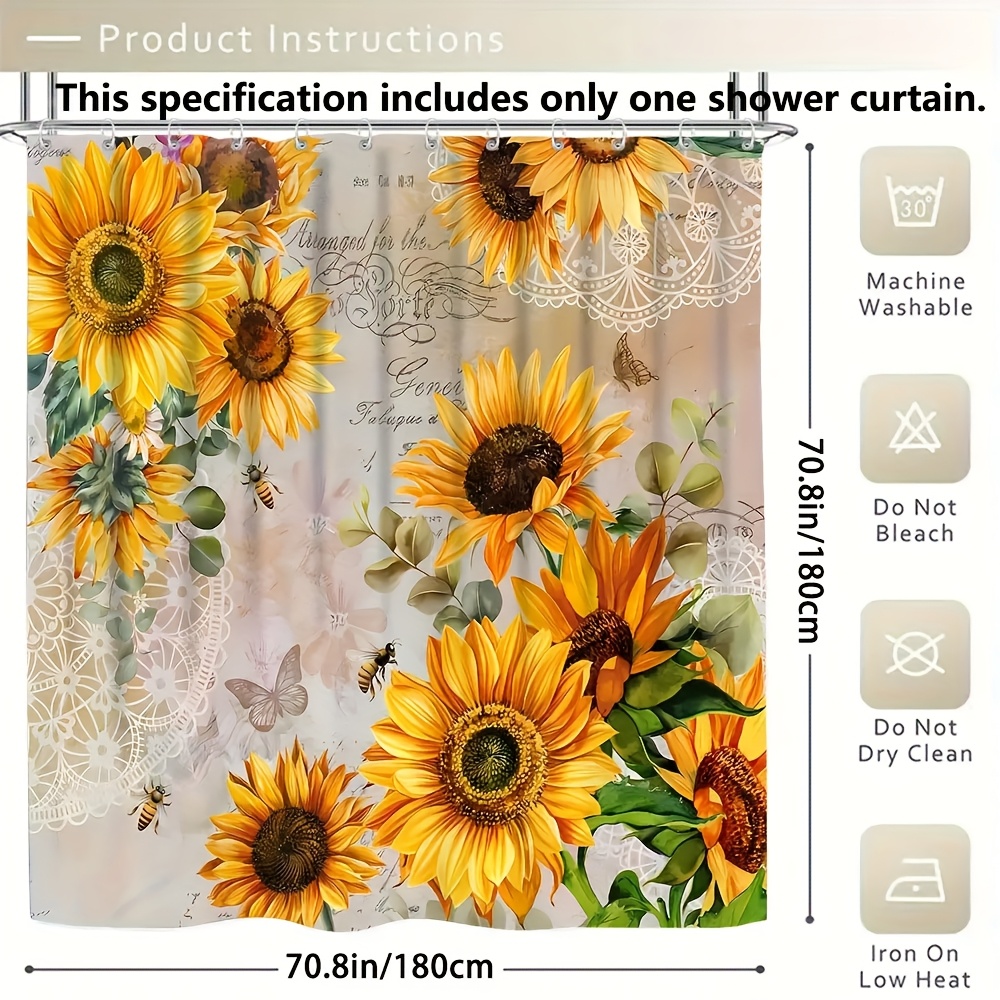 TEMU 4pcs Sunflower And Bee Curtain Shower Curtain Decoration, Beautiful Housewarming Gift Decoration, Shower Curtain And Toilet Floor Mat Three-piece Set Comes With 12 Shower Curtain Hooks