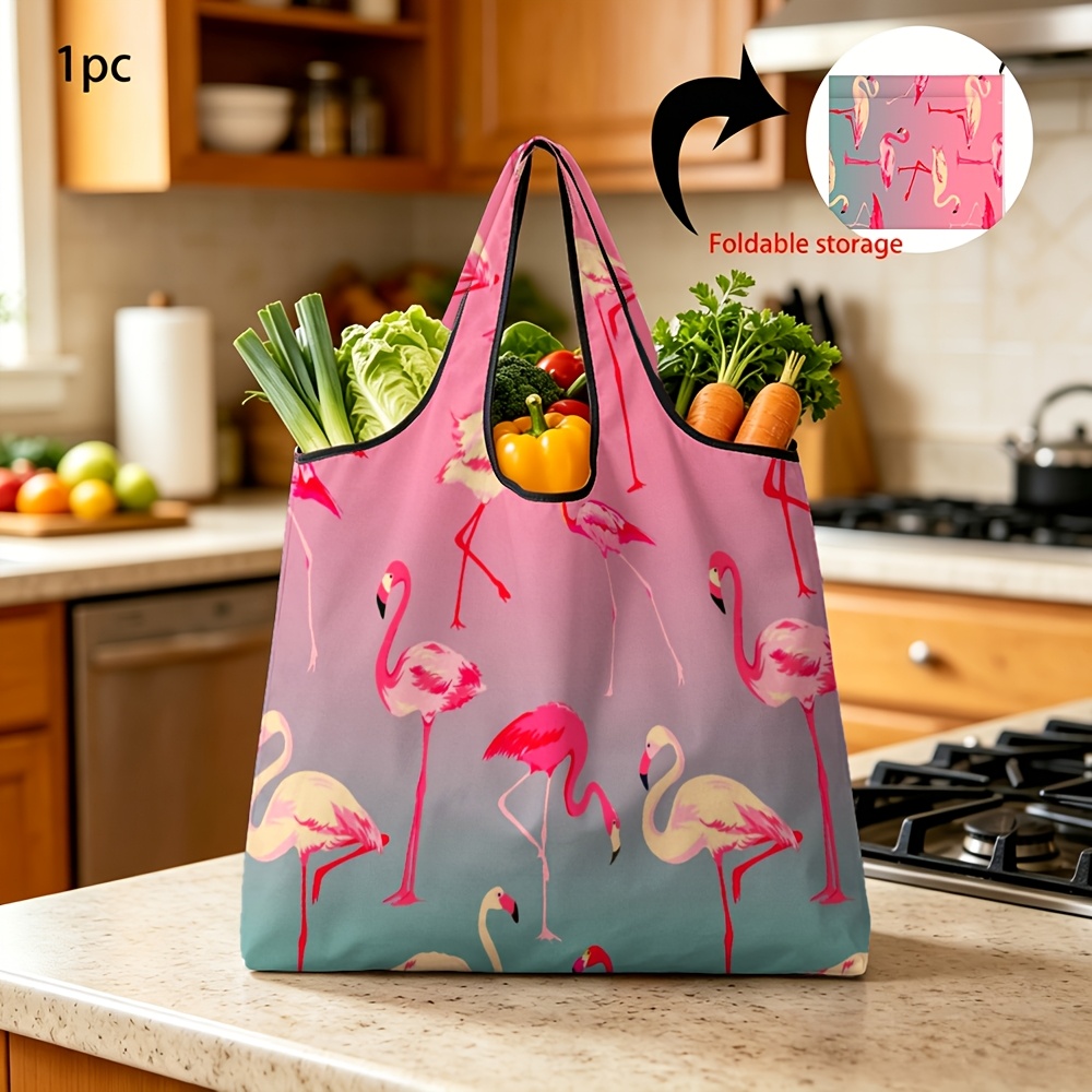 TEMU 1pc Reusable Portable Shopping Bag With Cute Flamingo Print Foldable Storage Grocery Bag