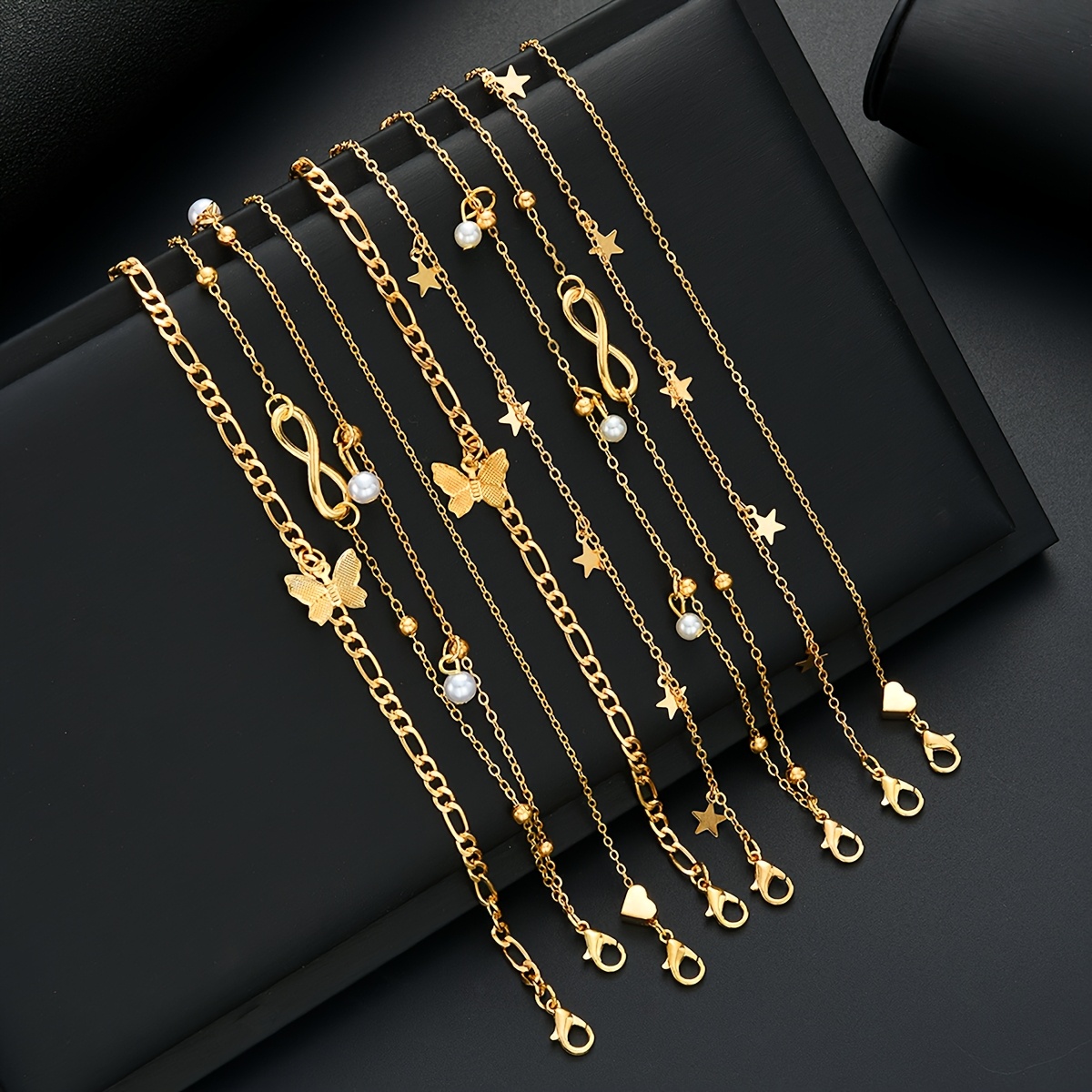 8pcs Simple Elegant Bohemian Summer Five-pointed Star Heart Anklet Set, Daily Dating Vacation Party Gift For Girlfriend Beach