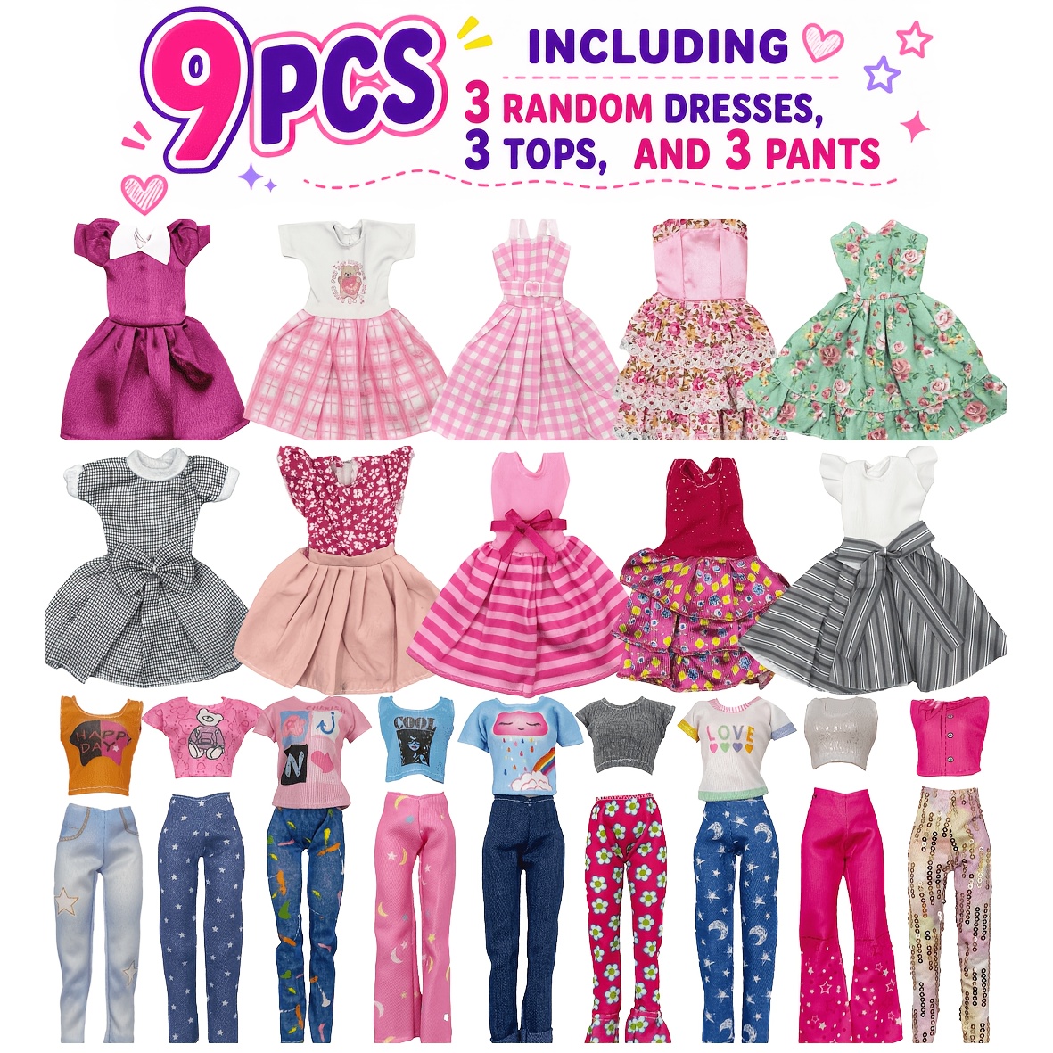 TEMU Multi-item Party Favor Packs | 9pcs Girl Doll Fashion Wardrobe Set | Random 3 Dresses, 3 Tops & 3 Pants | Fits 11.5in/30cm Girl Dolls | Kids Toy