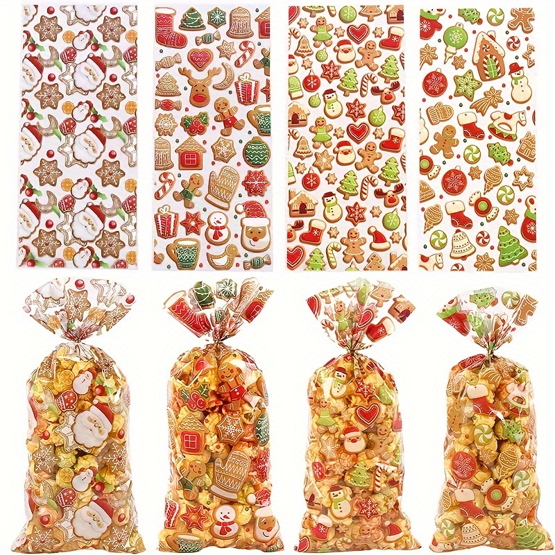 

50-pack Holiday Gift Bags - Transparent Polypropylene Cellophane With Santa, Snowflakes, Candy Canes, And Stockings Designs - Twist Tie Packaging For Snacks, Cookies, And Candy