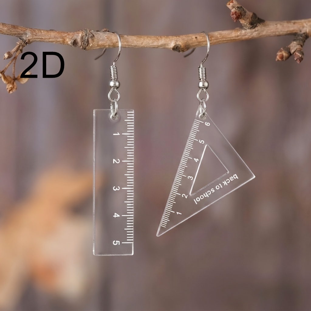 TEMU 2d Flat - 1 Pair 2d Personalized Versatile Fun Asymmetrical Transparent Long Ruler Dangle Earrings Suitable For Women' Parties And Gatherings