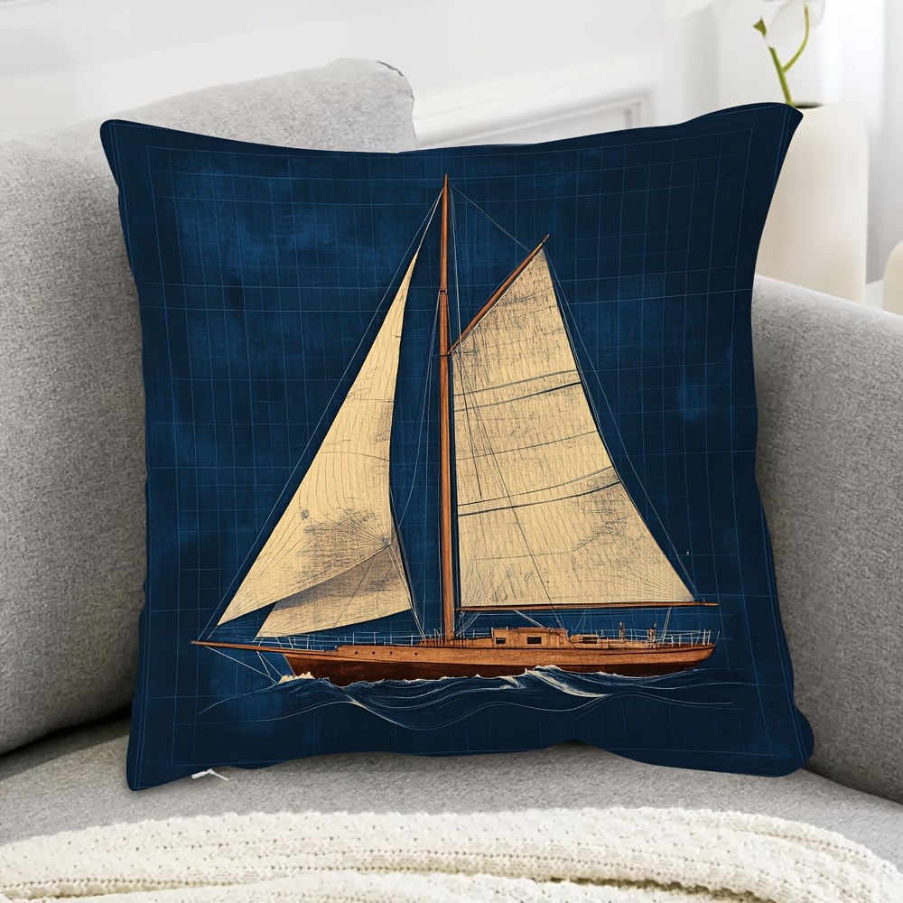TEMU 1pc Navy Blue Nautical Style Pillowcase - 18x18 Inch Double-sided Sailboat Pattern (golden ), Zipper Closure, Soft Room/terrace Decor - Autumn