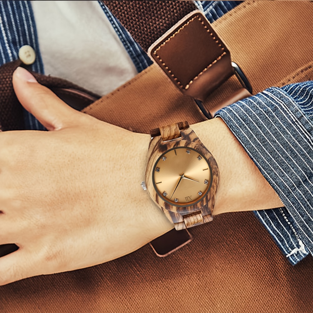 TEMU Luxury Casual Wooden Wristwatches For Women Featuring A Simulated Rhinestone Dial, Perfect As Anniversary Gifts