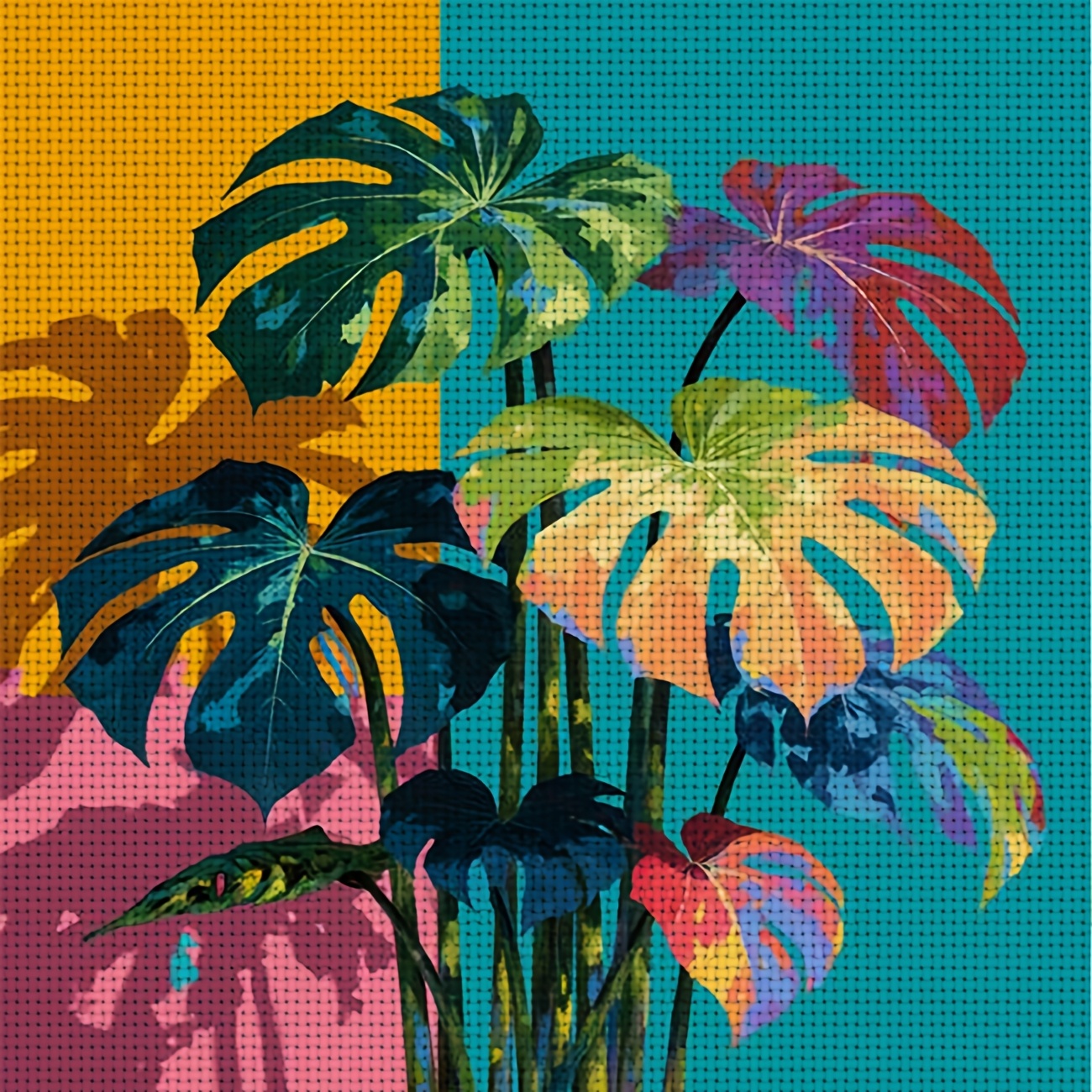 TEMU 1pc Printed Diy - Kit, Frameless, "colorful Monstera Leaf" Pattern, Beginners To Relax And Craft, Experience The Full Process From "leisure" To
