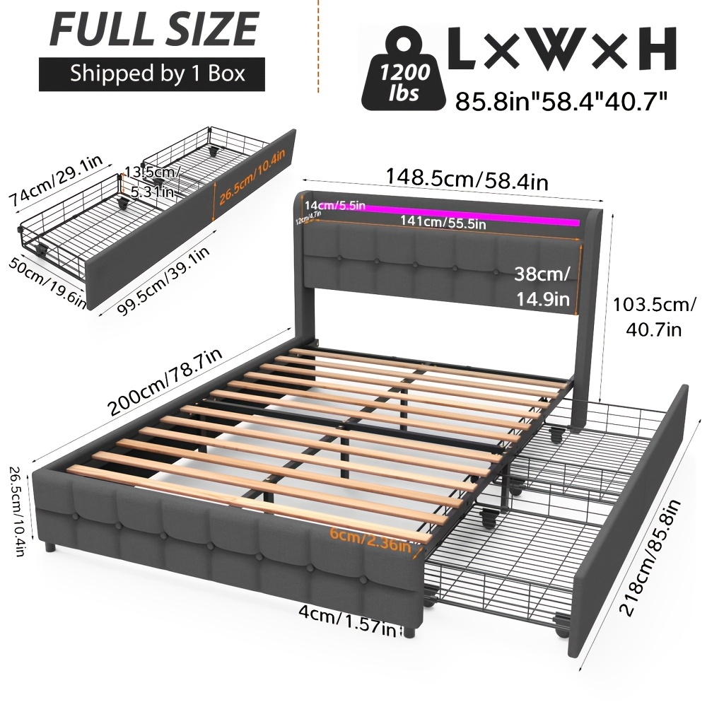 Upholstered Bed Led Double Bed 140x200cm With Storage Drawers Bed Frame With Light Strips And Usb Port, Bluetooth Control Adjustable Lighting, Wooden Support Slats, Grey