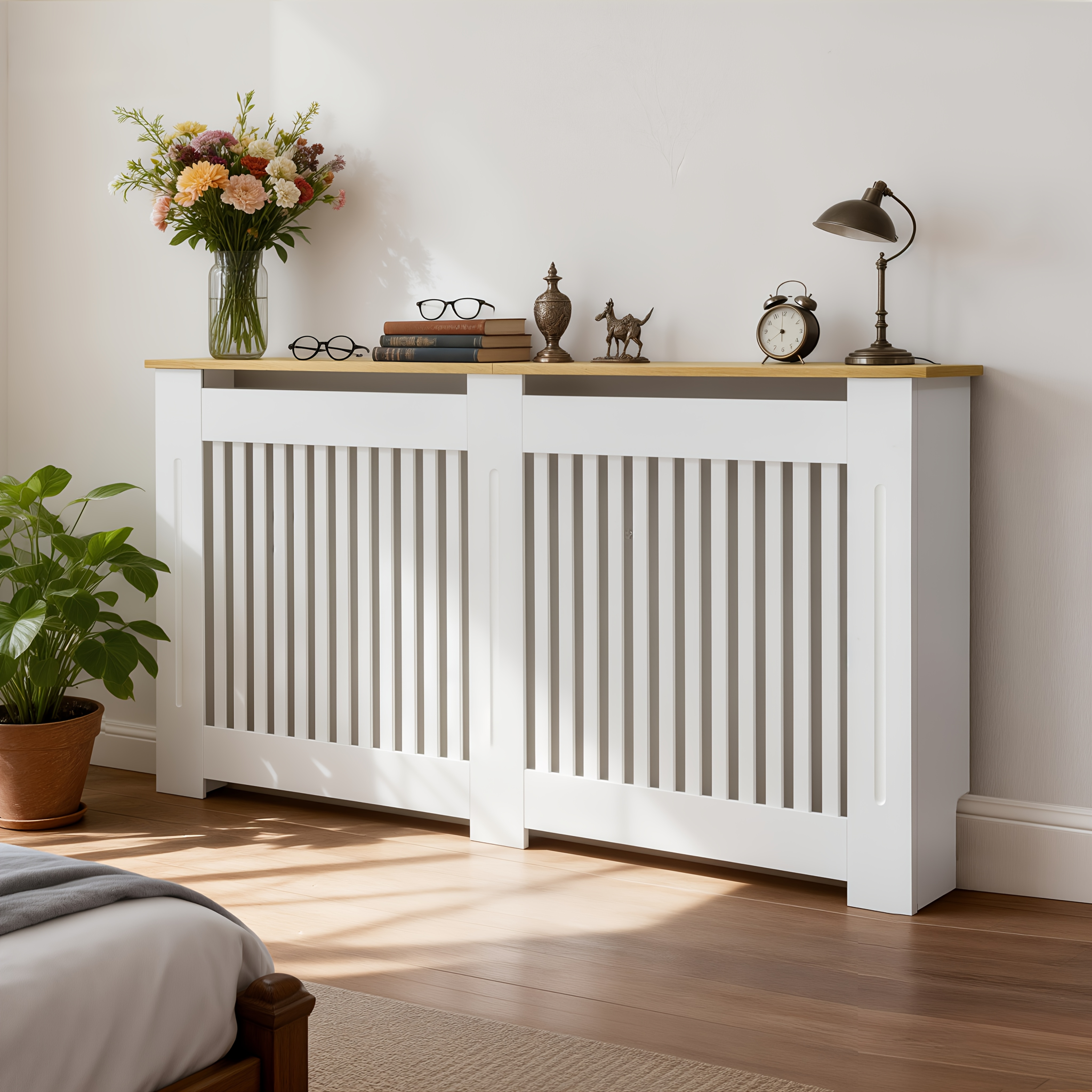 TEMU External 83cm High Radiator Cover Wood Cabinet Height With Natural Wood Effect Shelf Top Small Heater Covers Internal 90cm Vertical Slats Modern