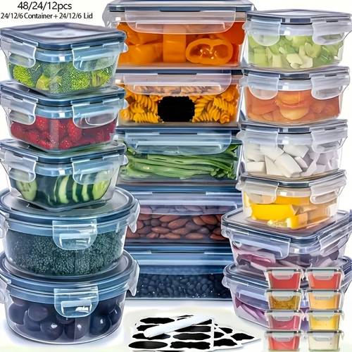 48 24pcs food storage container set fresh keeping boxes easy to secure lids airtight plastic containers suitable for pantry travel outdoor picnics kitchen organization with labels and marker 24 12lids 24 12containers