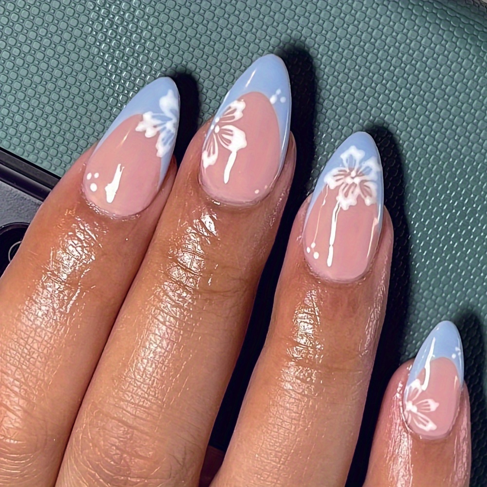 

24-piece Set Glossy Blue Almond Shaped Press On Nails With Elegant Flower Pattern, Medium Length Removable Stick-on False Nails For Summer