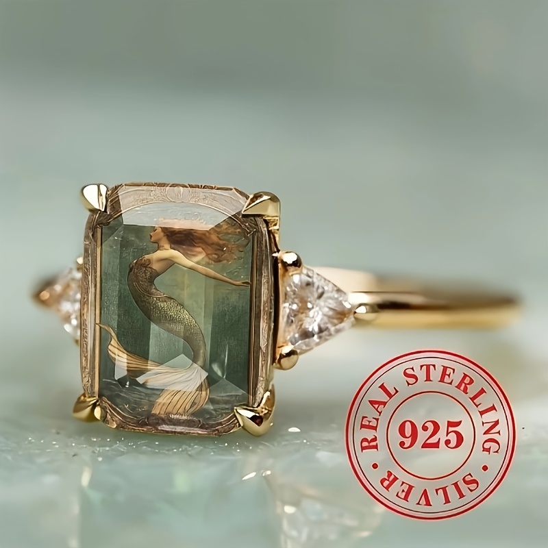 TEMU Bague rectangulaire sirène flottant sur , bague de fiançailles triangulaire pour femme avec pierres sur les côtés, cadeau de demande en mariage