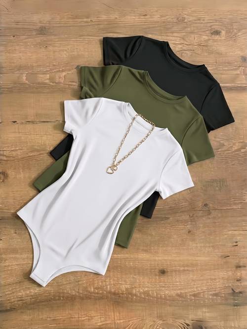womens spring summer 3pcs european and fashionable easy versatile solid color short sleeve round neck bodysuit set